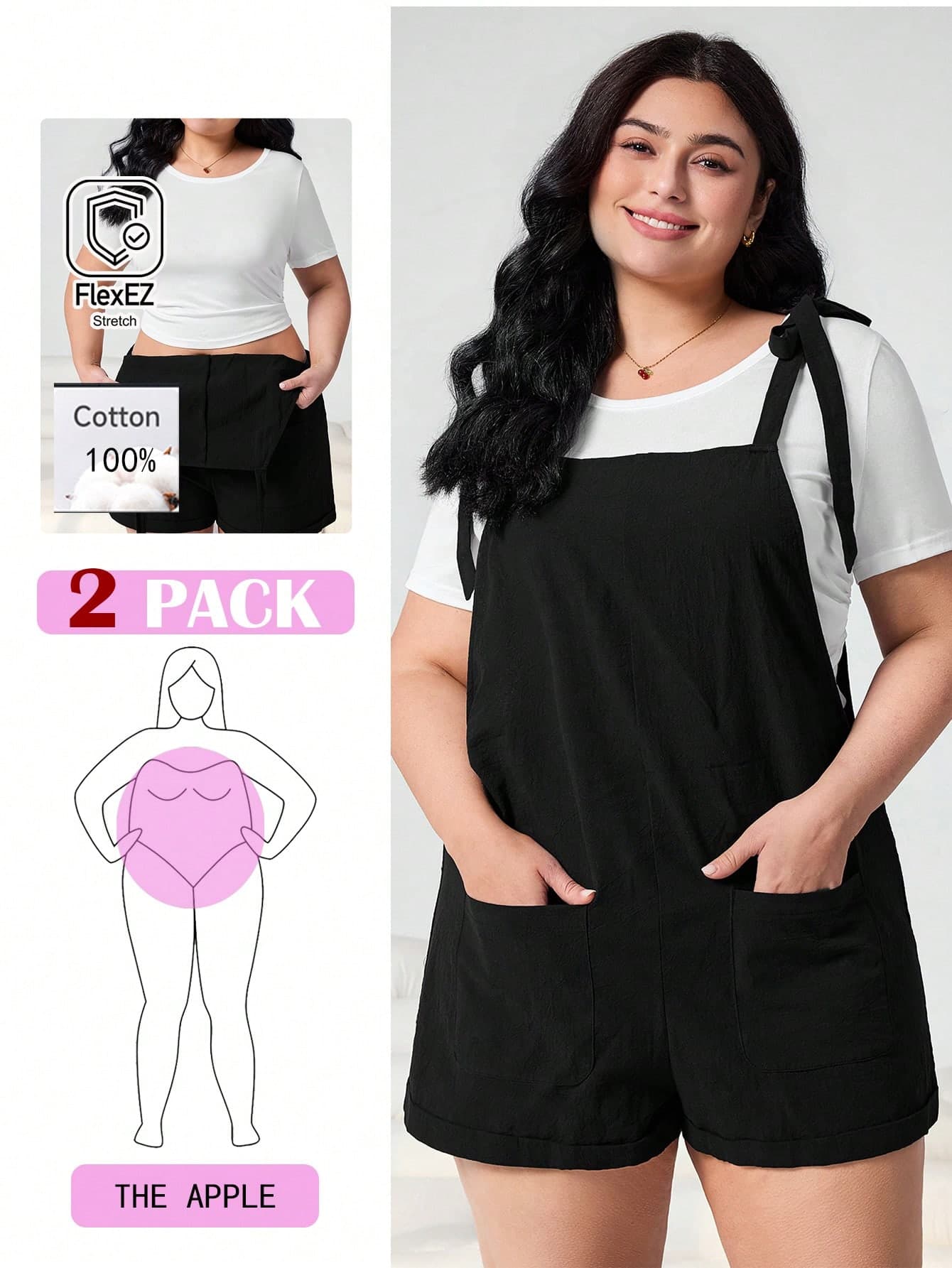 Solflare Women Plus 2-Piece Set Black And White Cotton Blend Jumpsuit & Tight T-Shirt,Summer Smart Casual Hiking Outfits,Y2k Plus Size Curve Streetwear 2pc Set