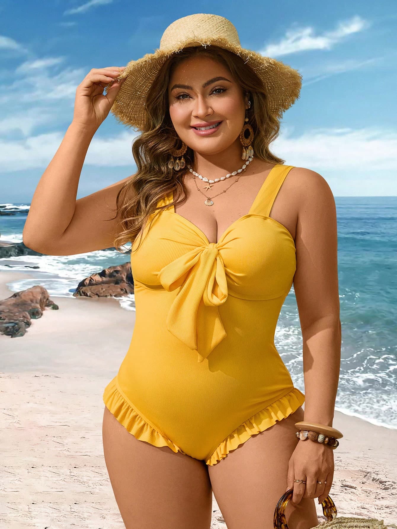 Swim Lushoire New Summer Beach Resort Sweet Elegant Plus Size Yellow Women One-Piece Swimsuit, Comfortable Textured Fabric, Plus Size One-Piece Swimwear