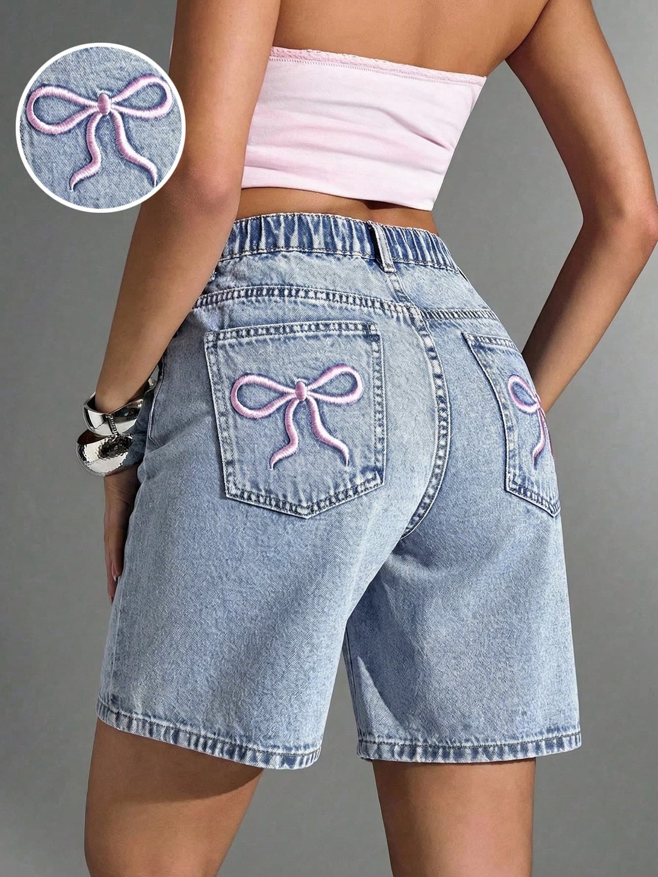 Teen Girl Y2K Light Stonewashed Summer Casual Bow Embroidered Baggy Denim Jeans Long Shorts,Girls Summer Bermuda Short,Summer Boho Beach Concert Rave Festival,Girls Summer Cute Shorts, Summer Holidays, Spring, Beach For Girl, Vacation Casual Girl, Valentine's Day,Suitable For Spring And Summer,Season Vintage/Beach/Sea/Elegant Graduation,Casual's,Summer Holiday, Spring,Beach For
