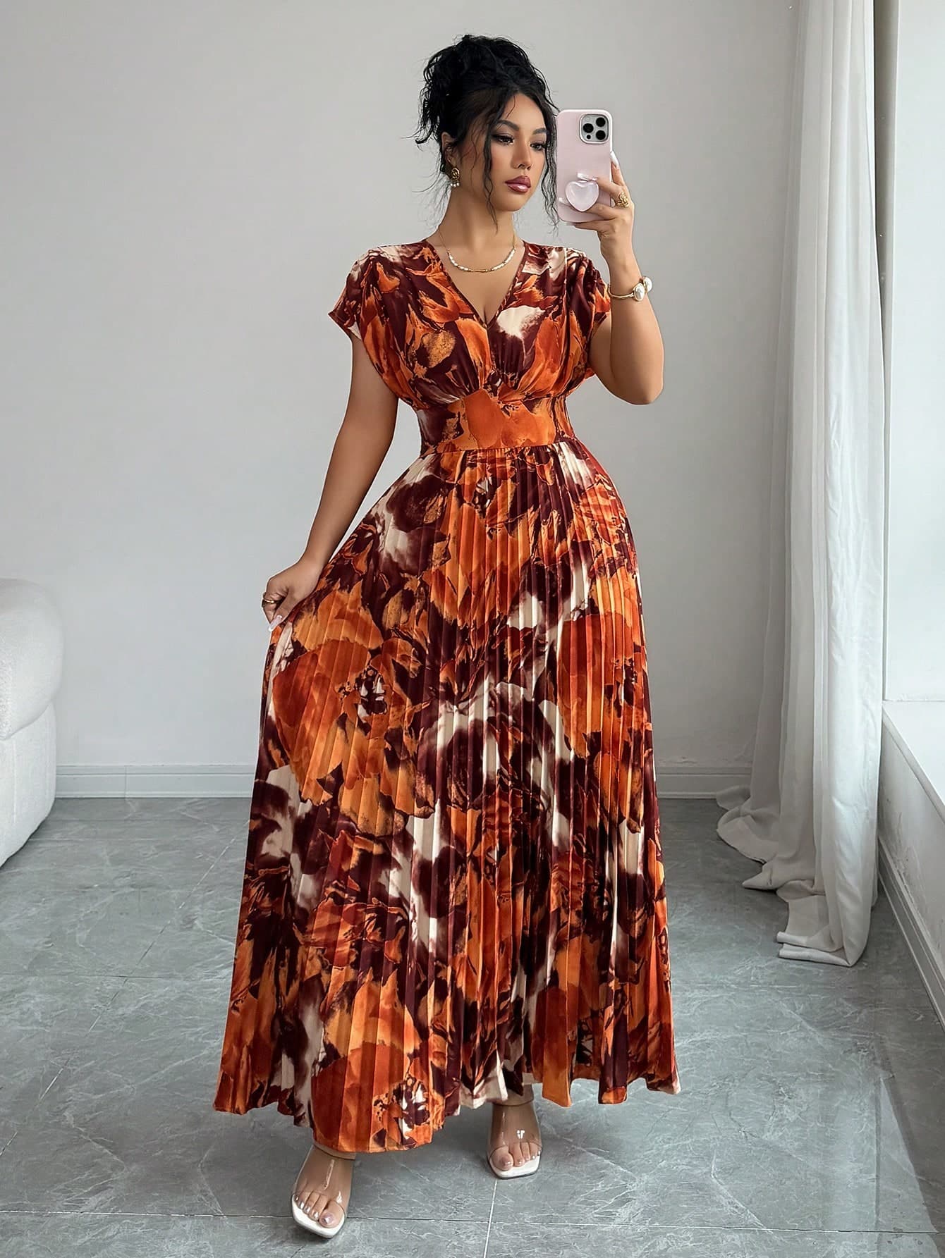 Elenzga Women's Random Print Elegant Waist Cinched Ruched Bodycon Dress, Fashionable Holiday Style