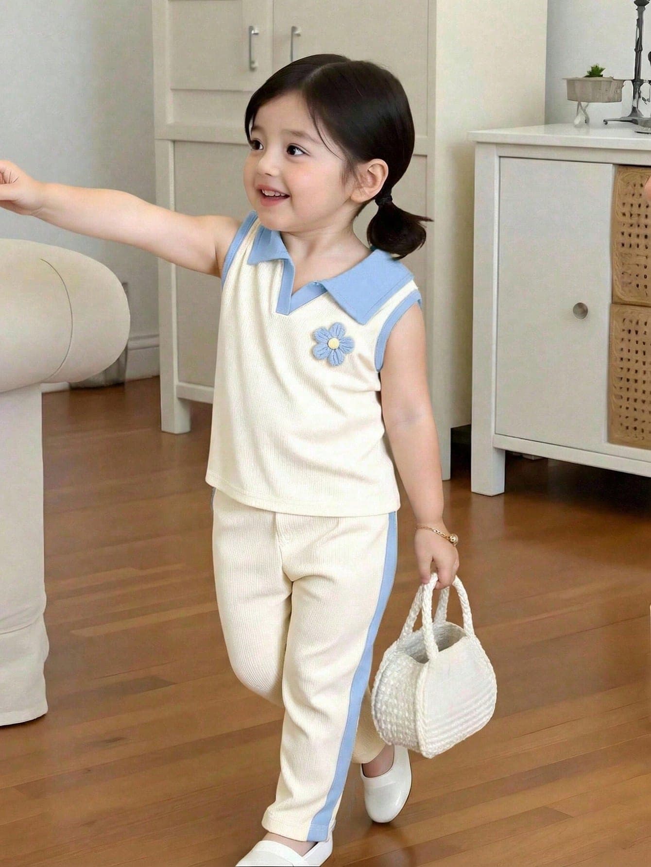 Genkimix Kids 3D Floral Knitted Colorblock Polo Vest And Flared Pants 2 Pieces Set For Girls, Summer Two Piece Outfits Short Sleeves Long Pants Set School