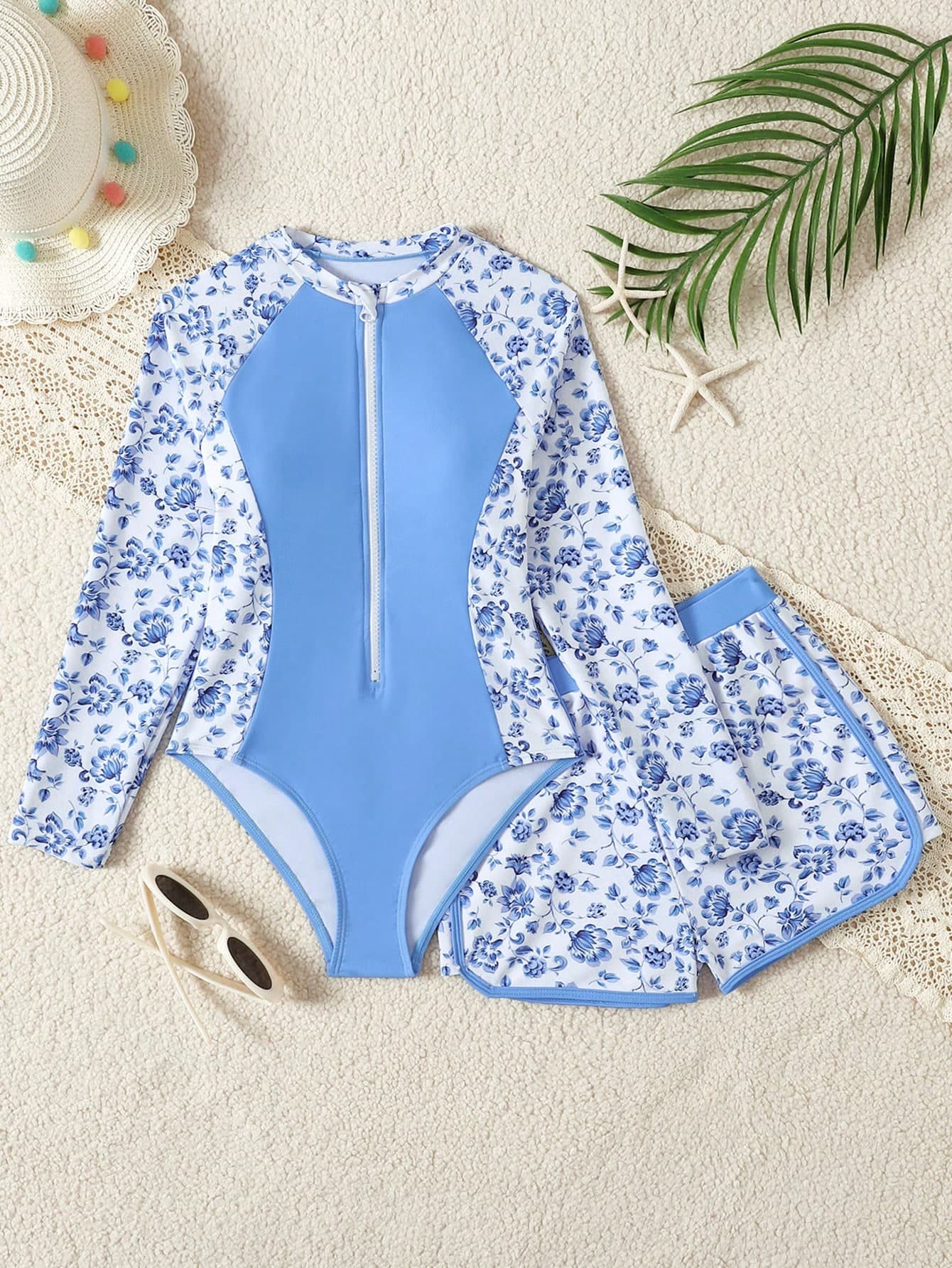 SHEIN Blue White Striped Summer Cute Pool Party Holiday Tween Girls Tropical Botanical Print Rash Guard 2 Pieces Swimwear Long Sleeve And Shorts Zipper Set