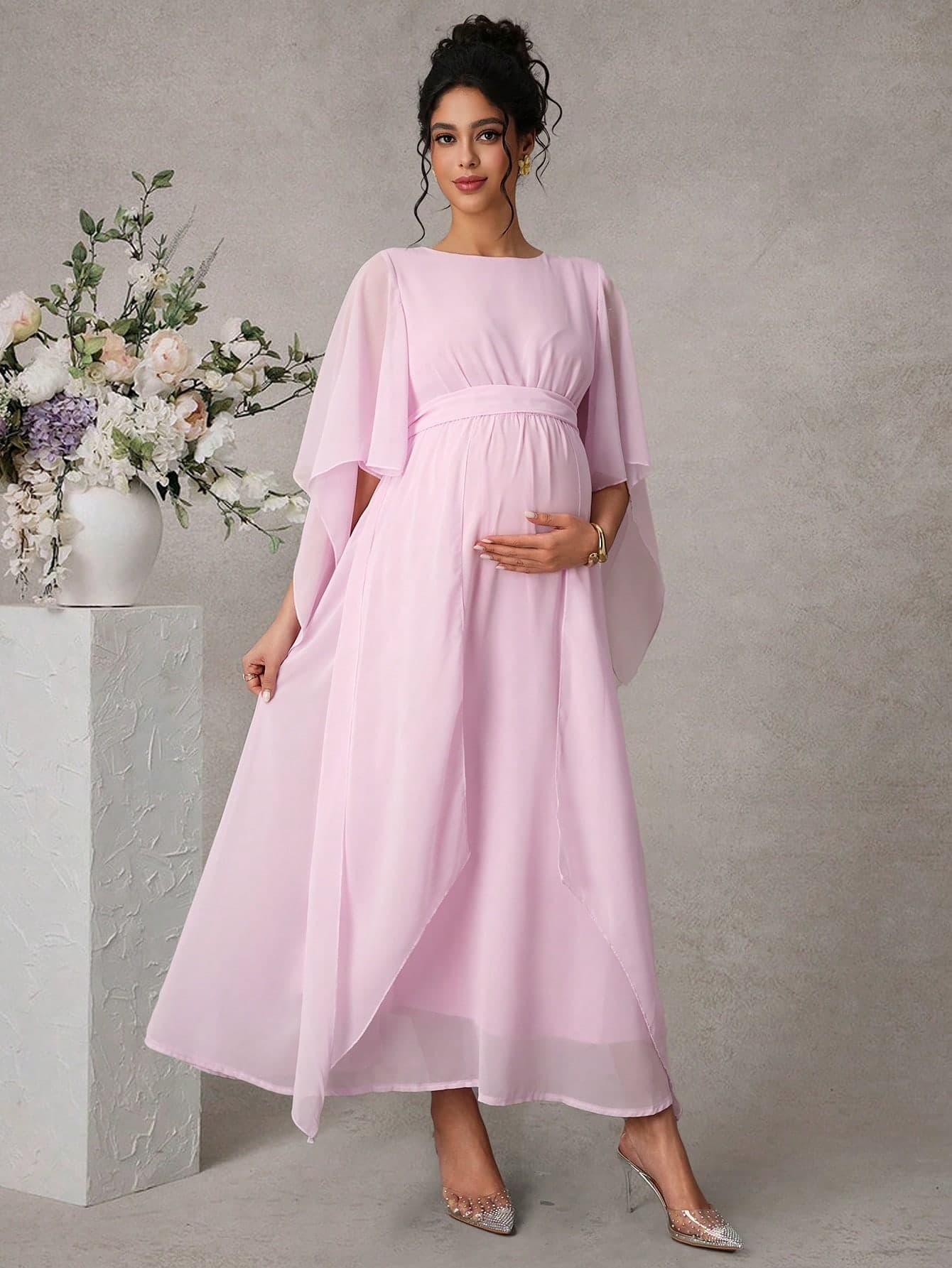 Momance Maternity Dress With Ruffle Sleeves, Round Neck, Fitted Waist, Bow Tie, A-Line Hem, Double Layer Design