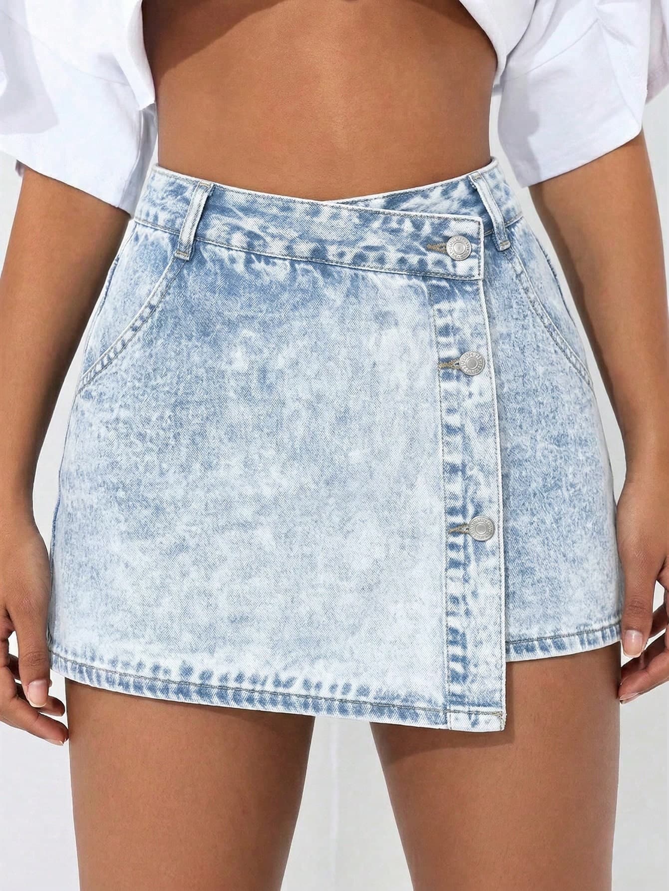 SHEIN Tall Asymmetric Button Waist Washed Denim Mini Skirt Shorts, Tall Women