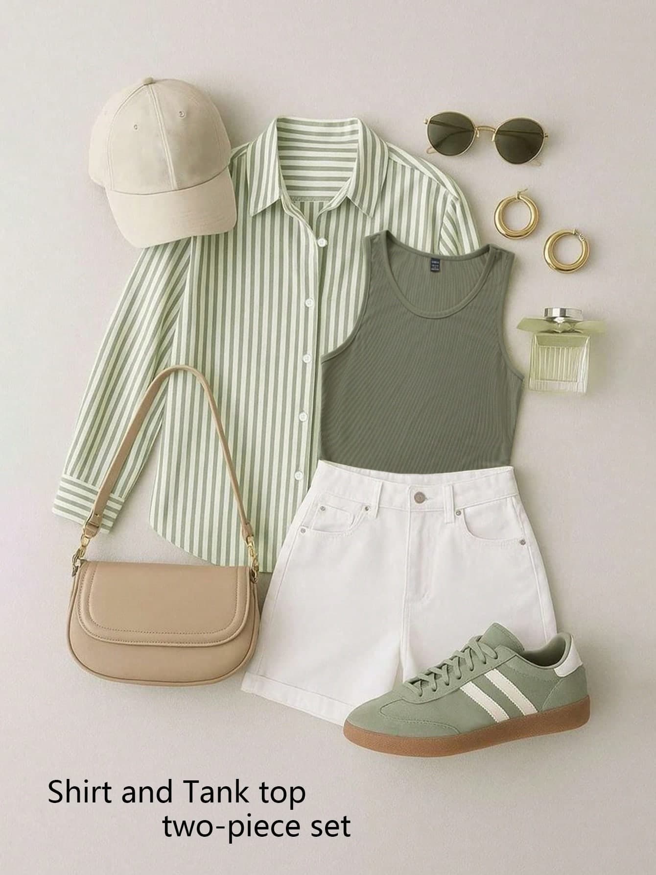 Qadelle Women's Olive Green Striped Loose Shirt And Knit Sleeveless Tank Top