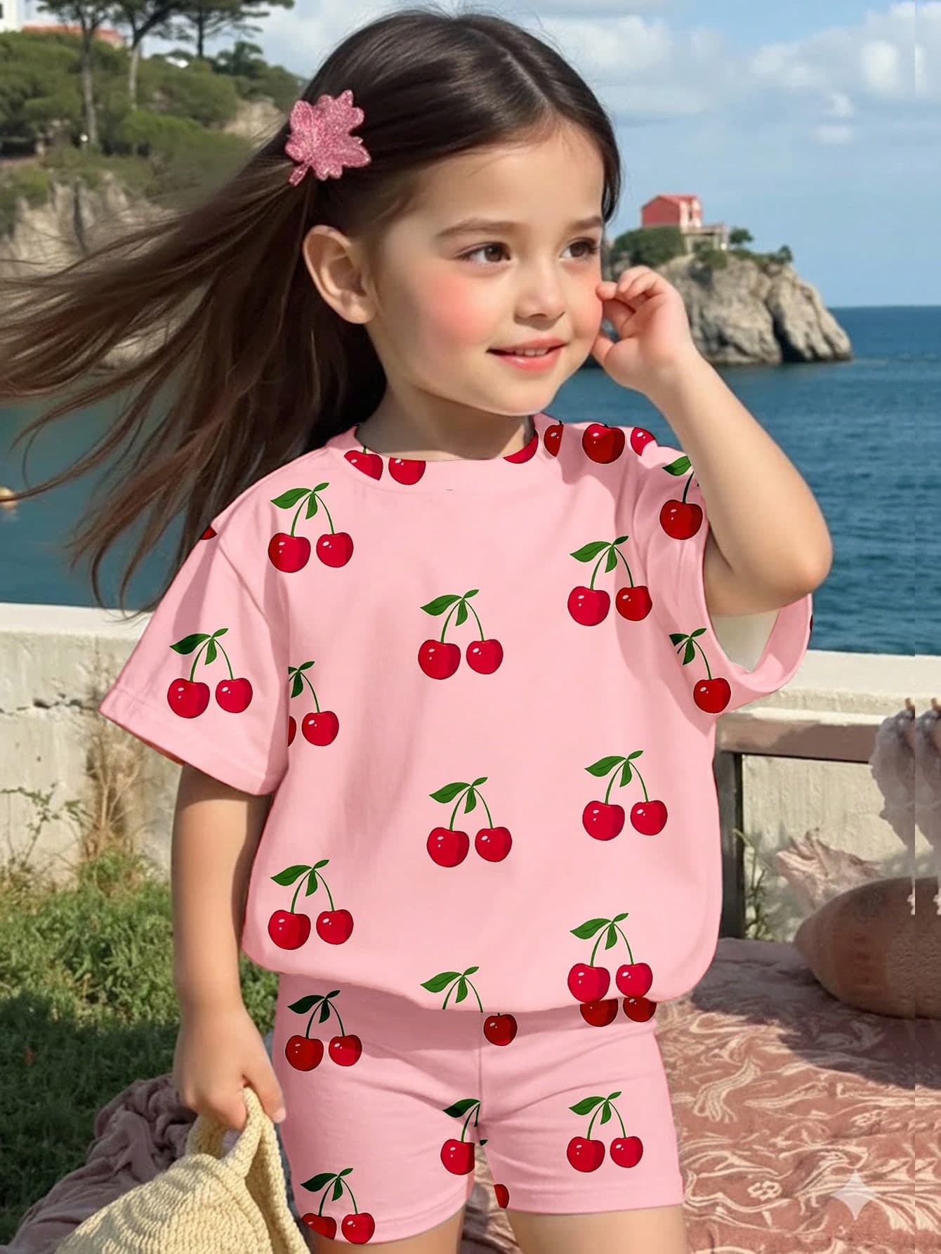 SHEIN 1 Set Toddler Girls' Sweet Cute Cherry Fruit Pattern Vacation Style Printed Short Sleeve Round Neck T-Shirt And Shorts Suitable For Spring To Summer