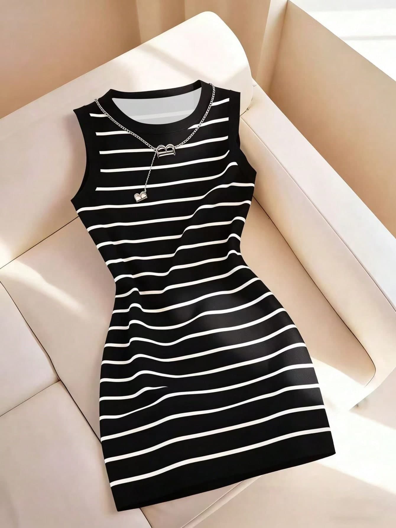 Resyla Women's New Striped Print Round Neck Fitted Sleeveless Dress, Spring/Summer