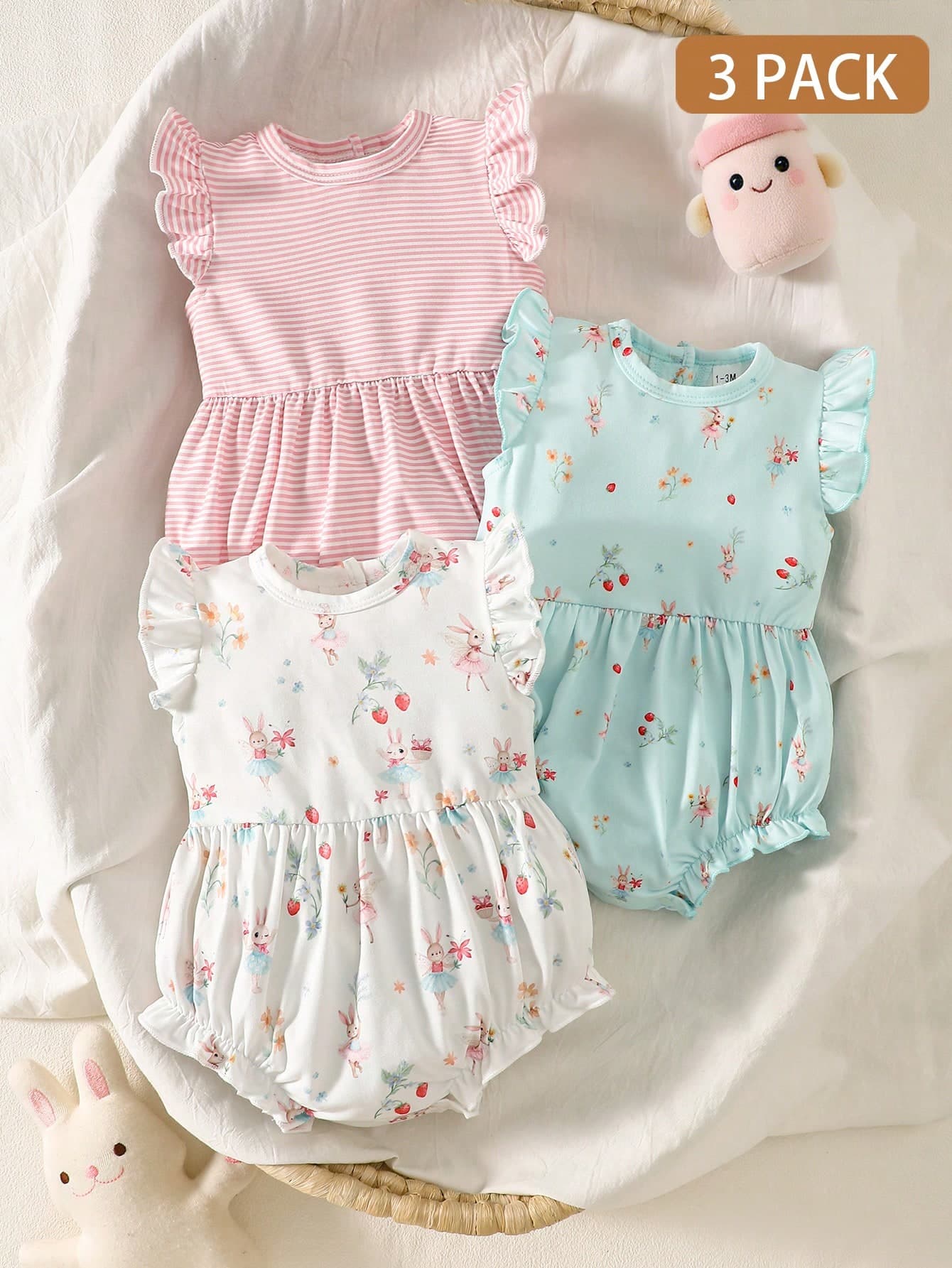 SHEIN 3pcs Newborn Baby Girl Sleeveless Romper Set Blue Summer Cute Family Matching Soft Fabric Ruffle Trim Rabbit & Strawberry Floral Striped Outfits 0-12M
