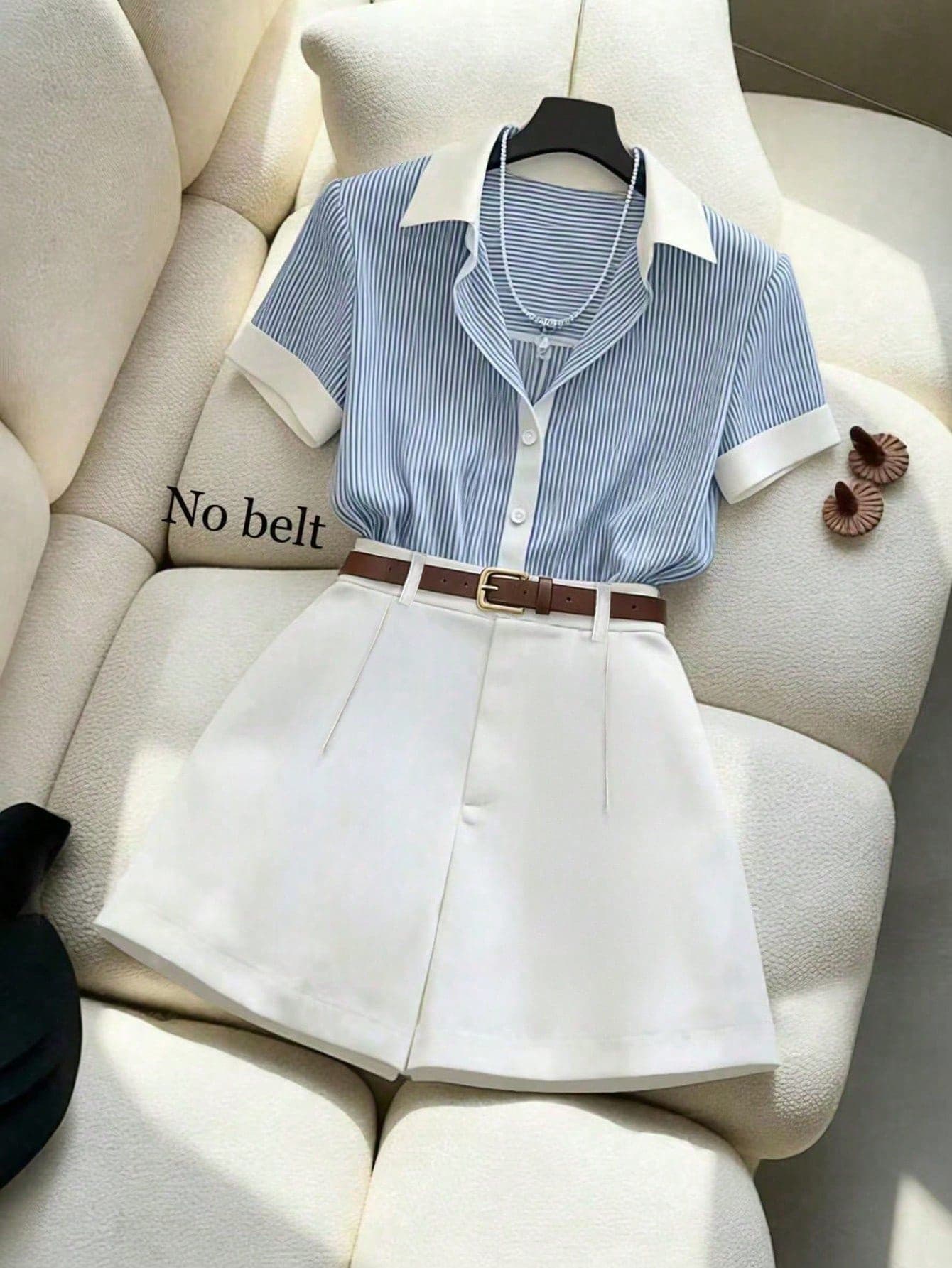 Franclia 2pcs Women's Blue And White Stripe Summer Elegant Shirt Set,Contrast Color Collar Short Sleeve Patchwork Top+White Shorts,Office Work Casual Outfits