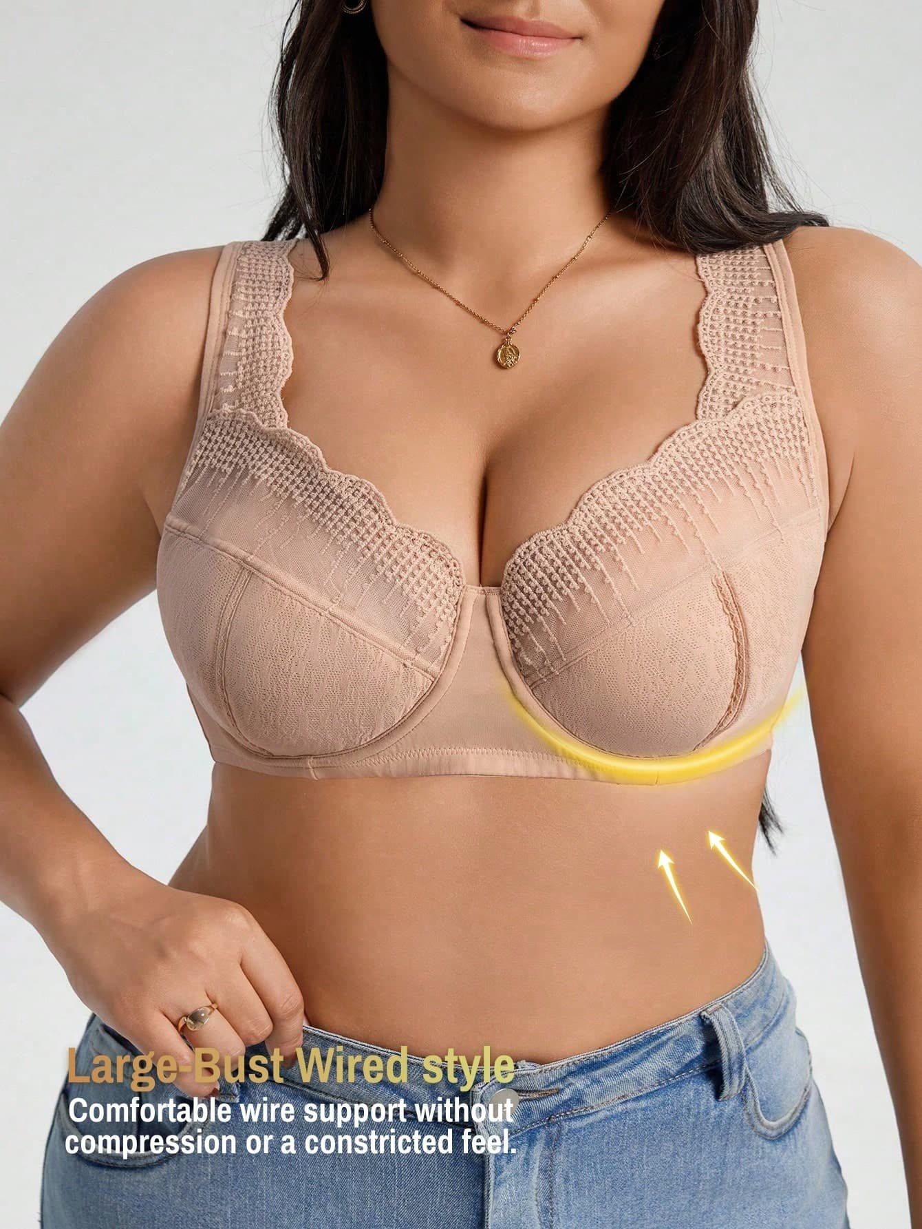 LustreForm Women's Plus Size Push-Up Underwire Bra,Sexy French Raindrop Embroidery Mesh,Double Layer Jacquard Cotton Cups,Lace Trim Wide Adjustable Straps