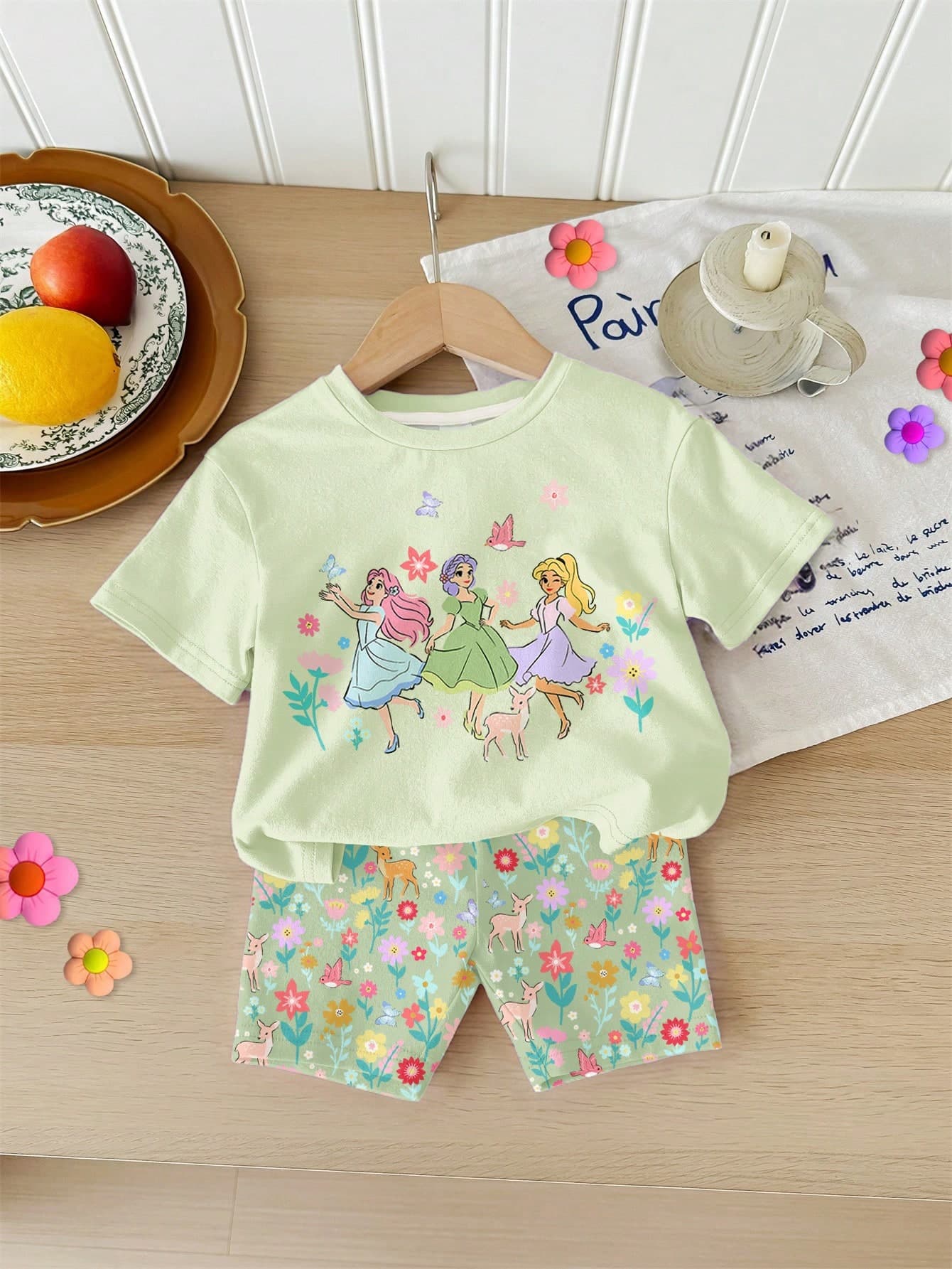 SHEIN Baby Girl Mint Green Soft Summer Colour Palette T-Shirt And Cycling Shorts Set, Cute Floral Princess Graphic, Summer Vacation Bohemian Baby Girl Outfit