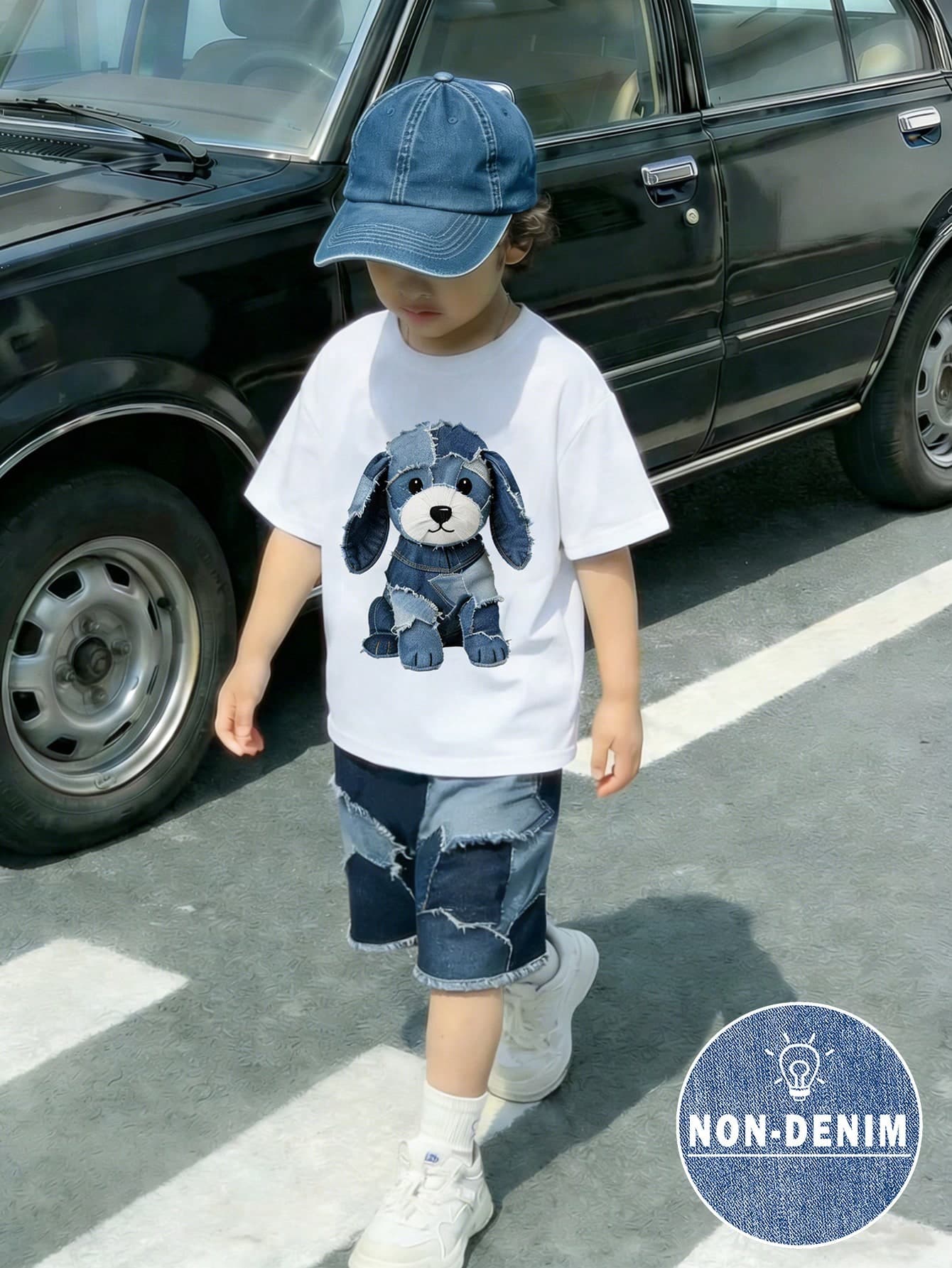 2pcs/Set Young Boy Cartoon Dog Print Outfit,White Summer Crew Neck Short Sleeve T-Shirt And Casual Sports Shorts,Fashionable Comfortable Streetwear