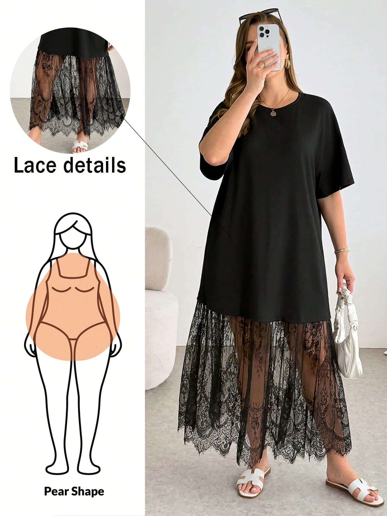 Shapeblank Plus-Size Women's Elegant Black Autumn Short-Sleeved Long Dress,Lace-Trimmed Sheer Casual Loose Tunics,Wedding Guest Dinner Graduation Ceremony Dress