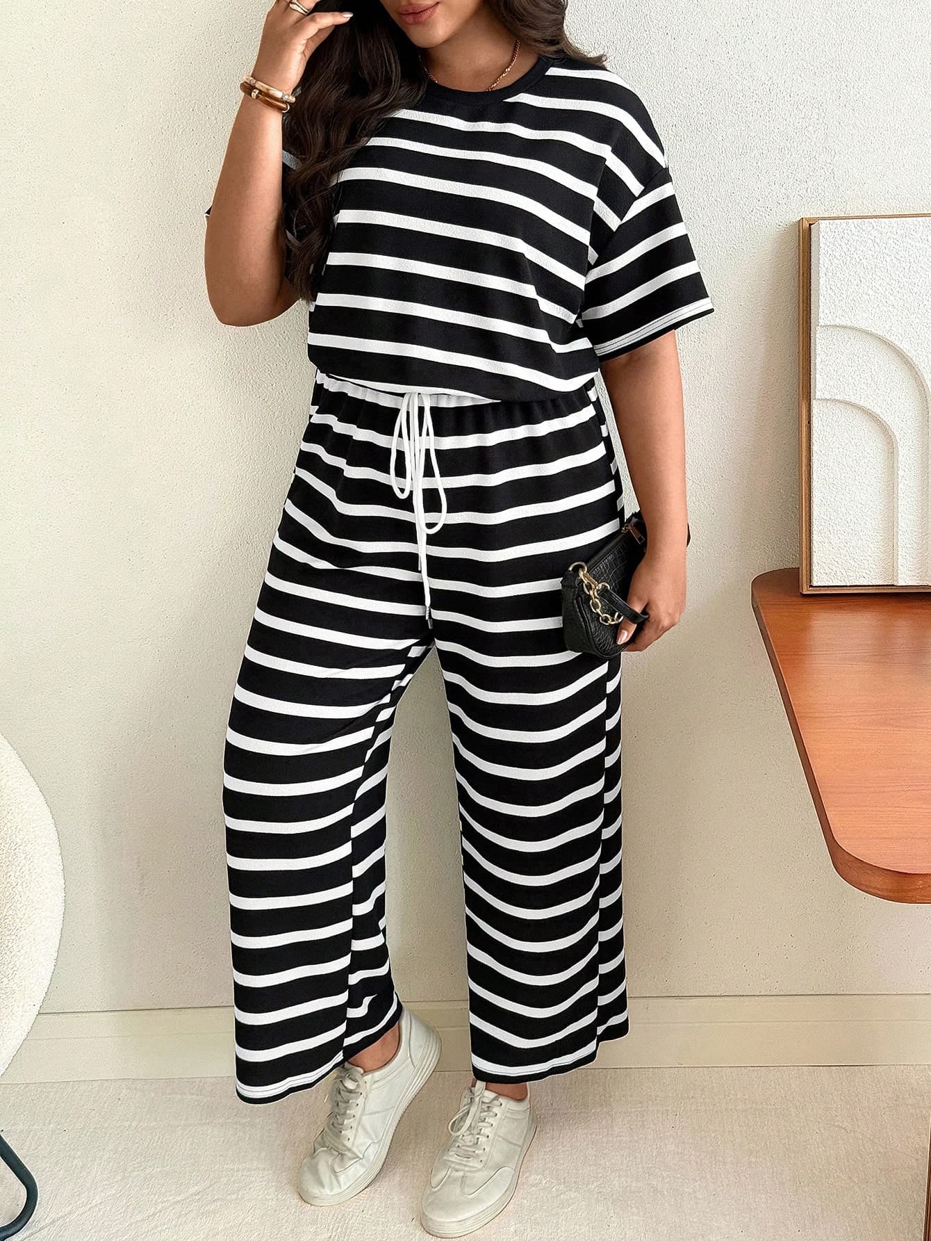 Vionelle Women's Plus Size Black And White Striped 2 Pieces Set Casual Summer Everyday Zebra Print Short Sleeve Waist Cinching Comfortable Vacation Outfit