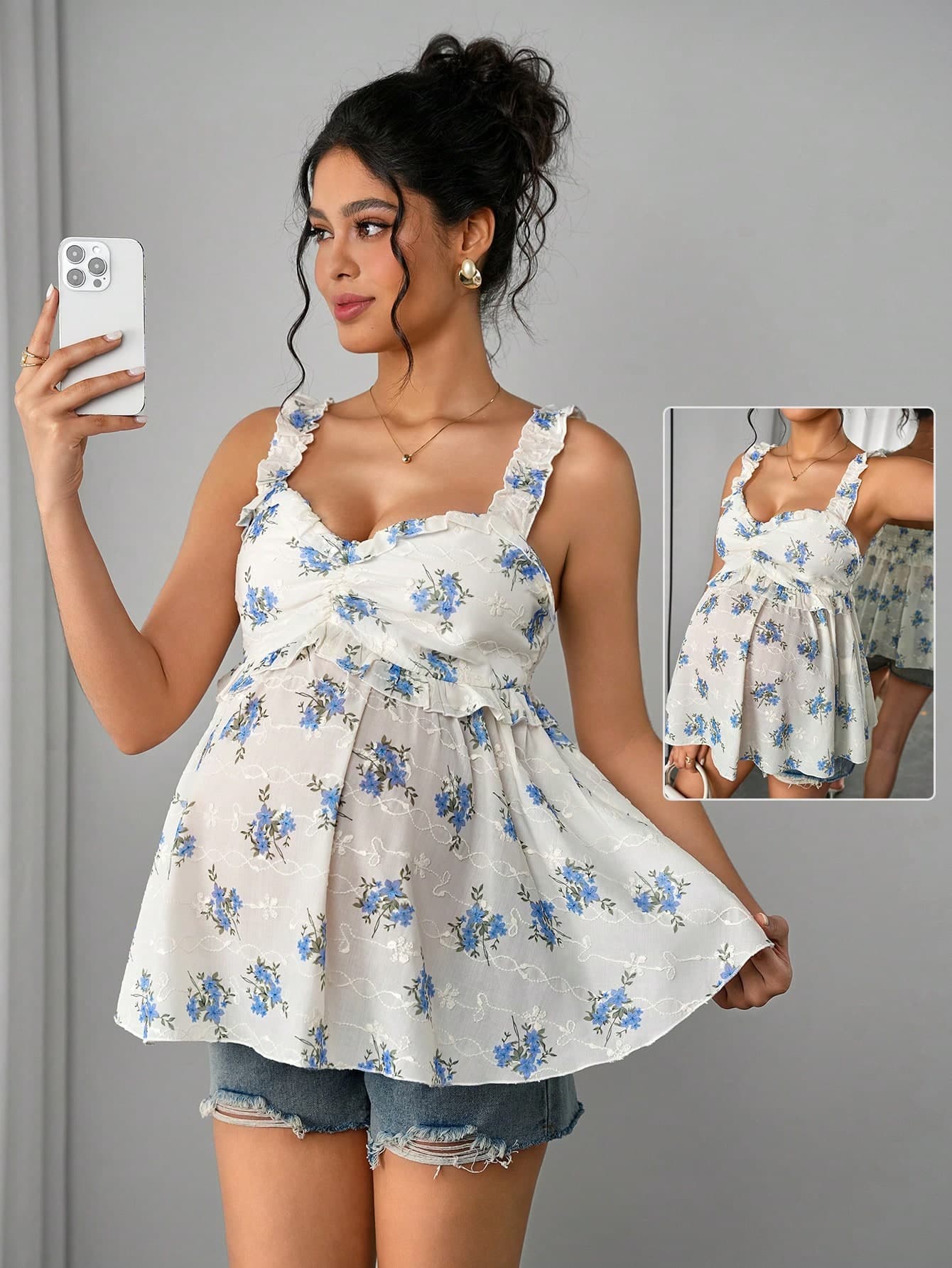 Momance Maternity Floral Print Ruched Casual Everyday Blouse