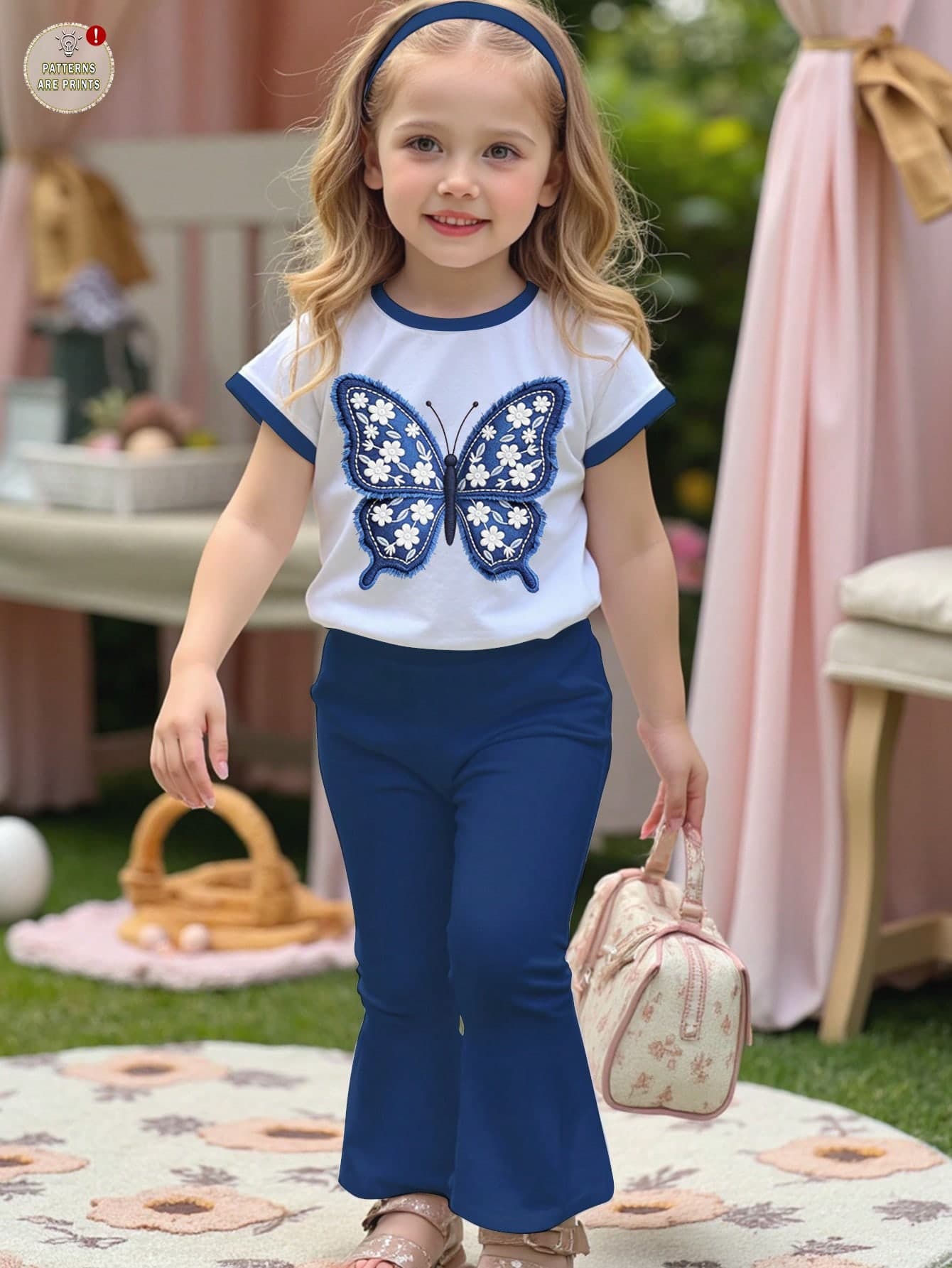 SHEIN Young Girl Round Neck Butterfly Print Short Sleeve T-Shirt And Solid Color Flare Pants,Summer Girls 2 Piece Royal Blue Outfit Set,Casual Daily Wear