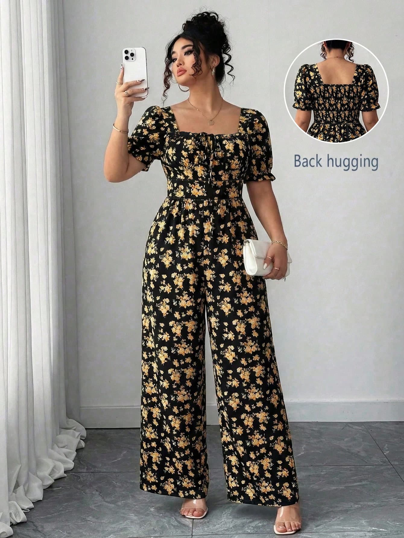 Elenzga Women's Black Floral Summer Boho Vacation Holiday Outfit,Square Collar Lace Tied Front Shoulderless One-Piece Pants,Elegant Bohemian Rompers Set