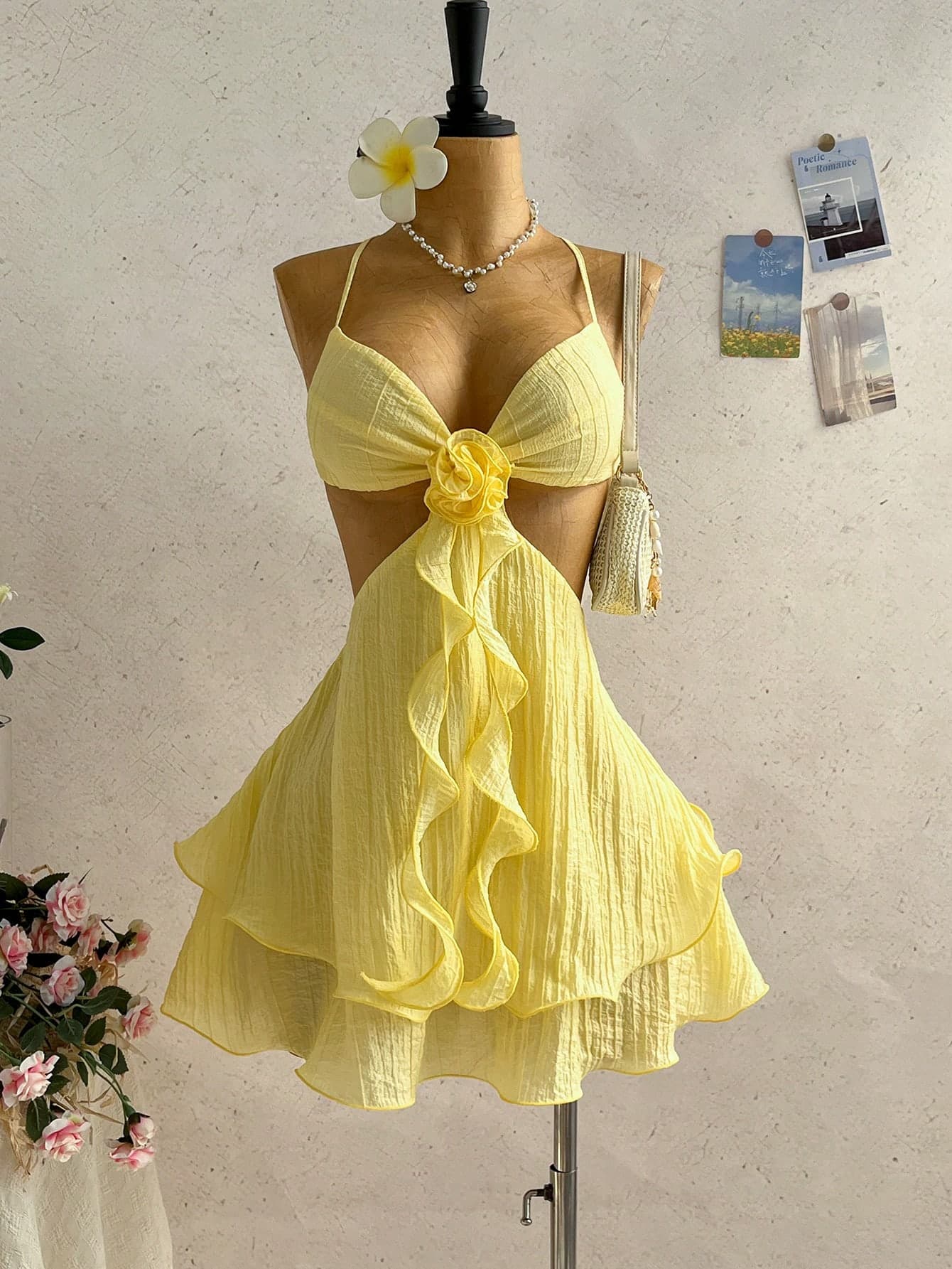 Soleia Women's Yellow Summer Tropical Sexy Holiday Vacation Mini Dress, Backless Hollow Floral Cutout Ruffled Boho Beach Lightweight Hippie Party