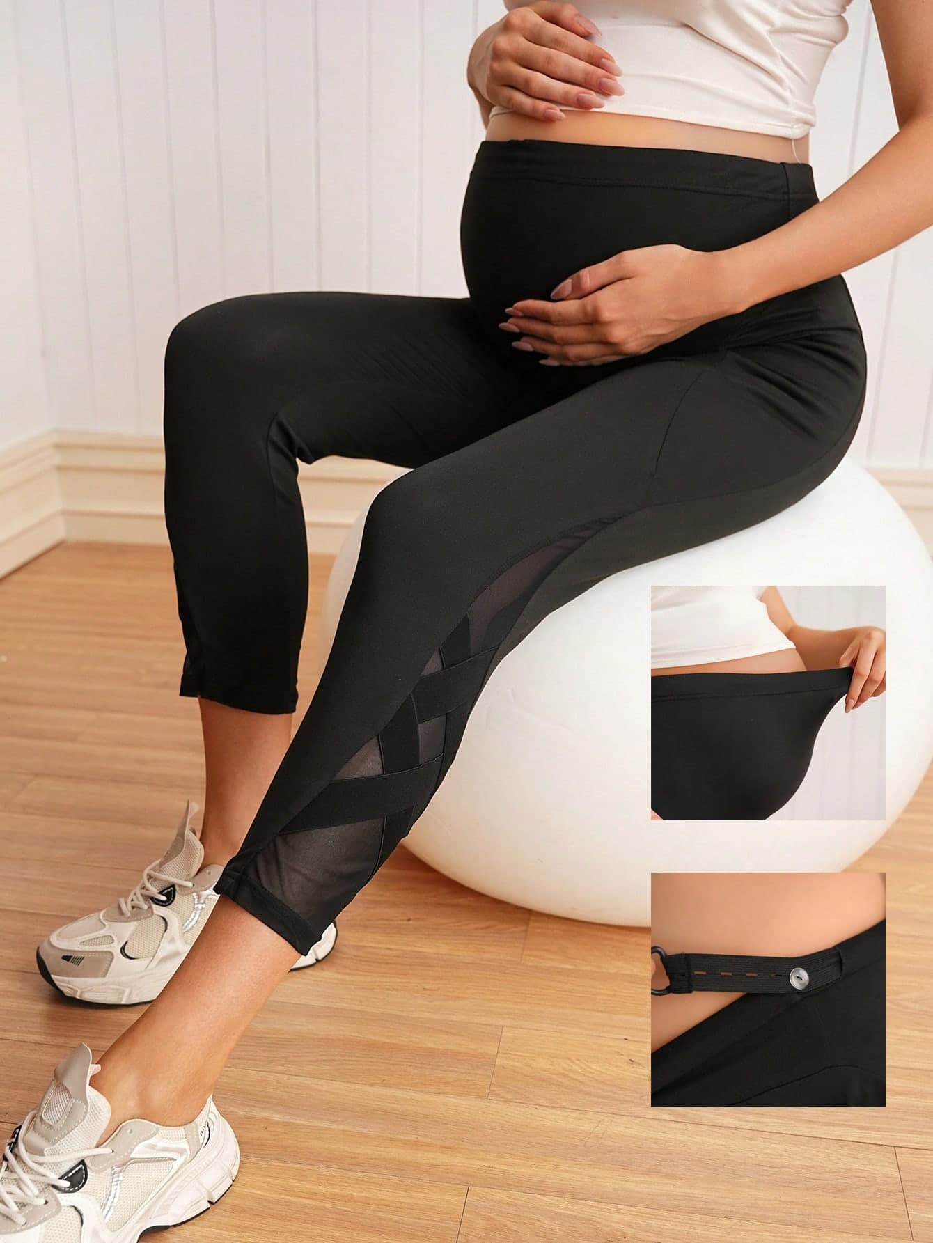 SHEIN Maternity Solid Color Mesh Patchwork Sports Leggings