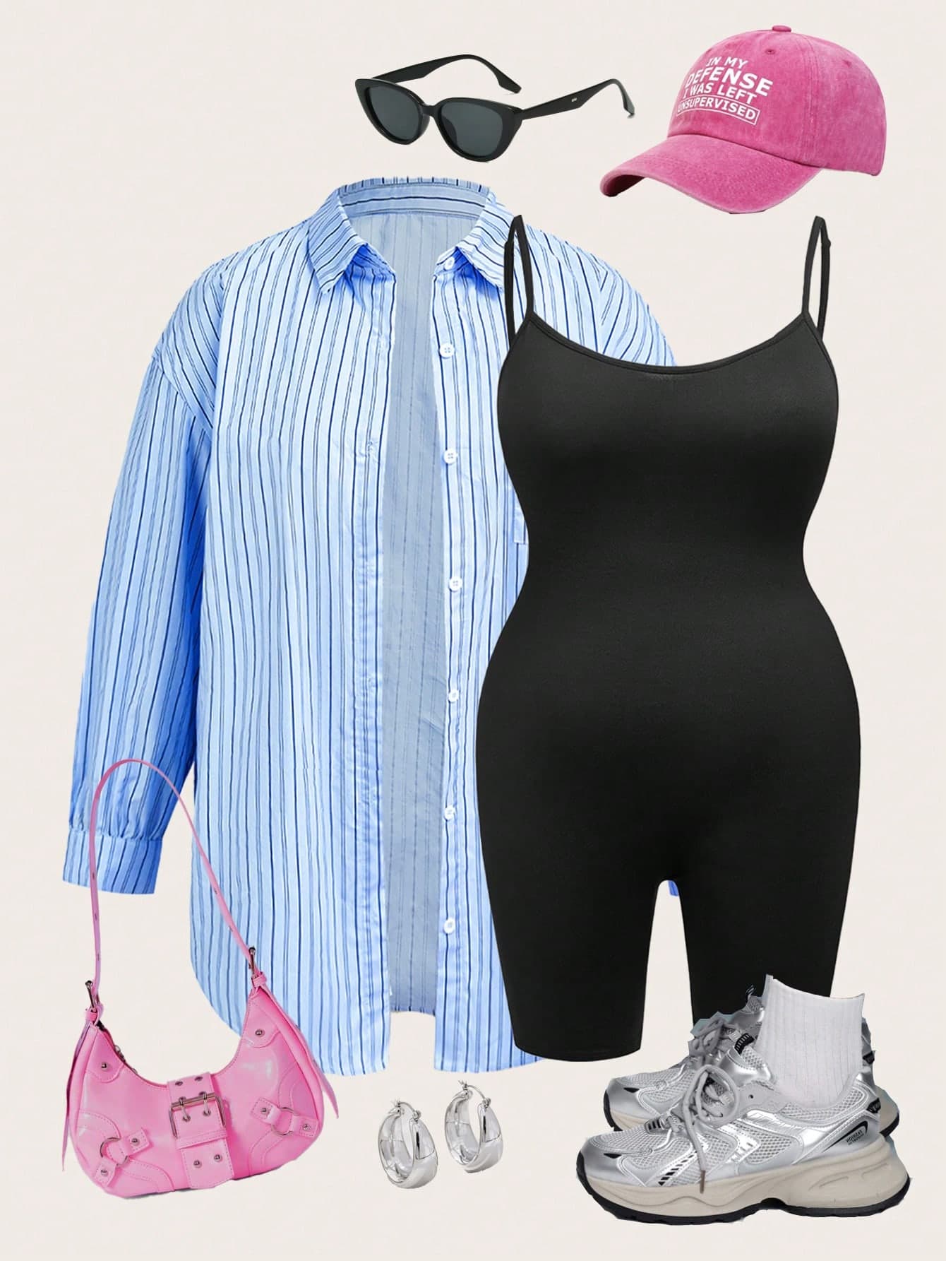 SHEIN EZwear Summer Plus Size 2-Piece Set,Casual Striped Shirt Jacket With Black Elastic Knit Jumpsuit,Black And White,Everyday Streetwear Sports & Yoga Outfit