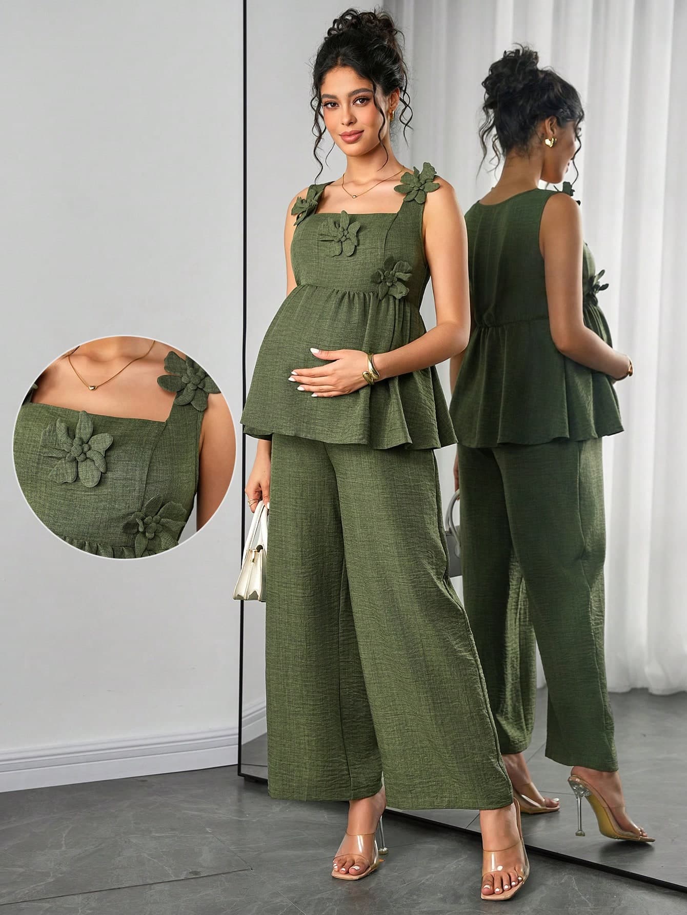 Momance 2pcs Maternity Sleeveless Shirred A-Line Floral Print Tank Top & Straight Leg Pants Set