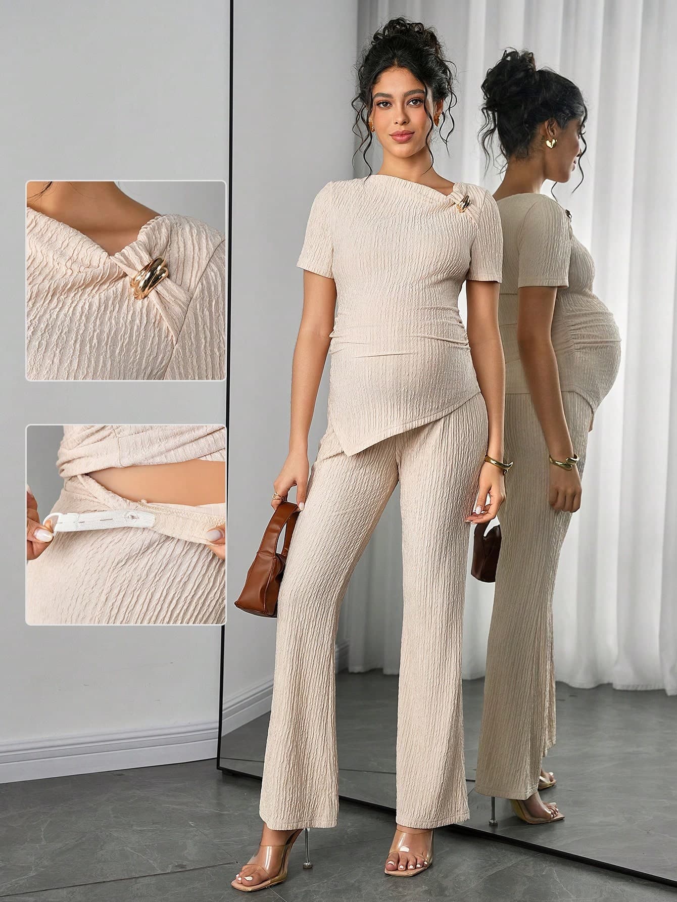 Momance 2pcs Maternity Set: Decorative Button Fitted Asymmetrical Hem Top, Elastic Waist Straight Leg Knit Jacquard Pants