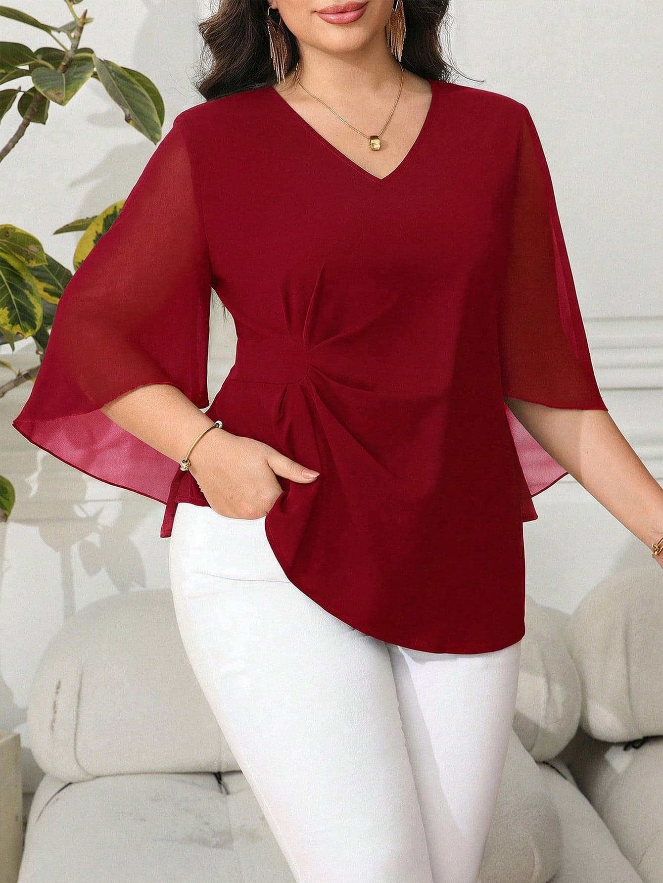 SHEIN Clasi Plus Size Elegant Solid Color Ruched Blouse, Autumn Red Tops Blouses For Women Burgundy Casual Women's And New Arrival Teachers' Day Formal Office