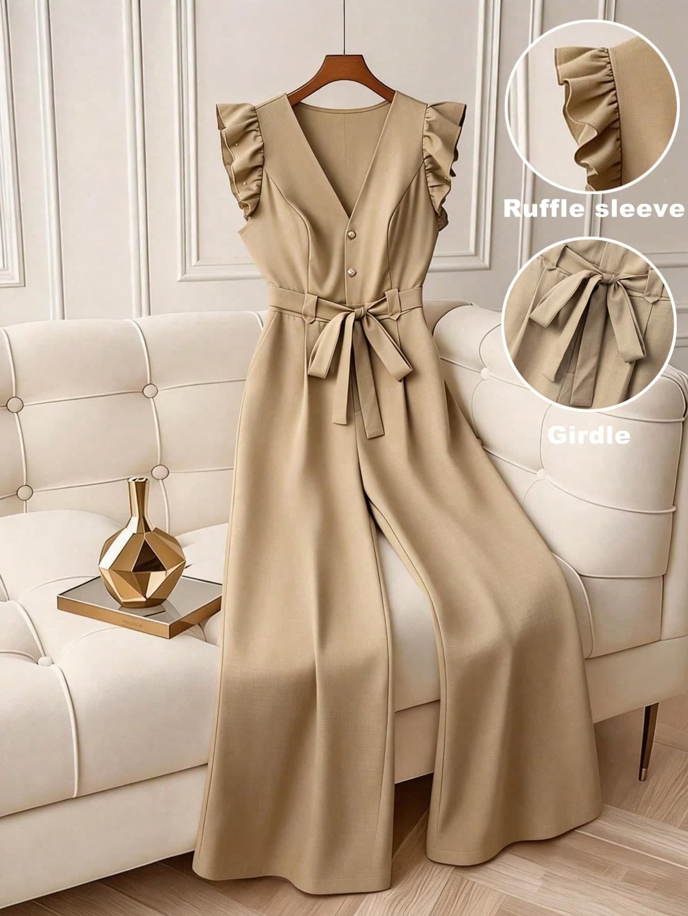 GlowEve CURVE Plus Size Women's Fashion V-Neck Casual Flutter Sleeve Floral Decor Jumpsuit With Tie Waist, Spring/Summer
