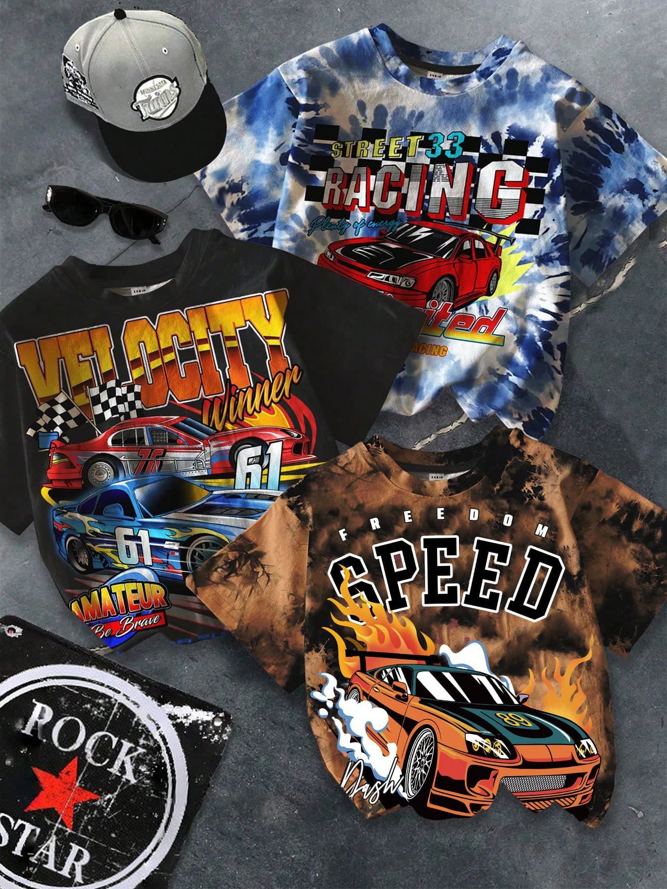 SHEIN 3pcs/Set Young Boy's Casual Fashionable T-Shirt Set, Includes Tie-Dye, Marble, Racing Car, And Slogan Graphic Prints, Suitable For Spring/Summer