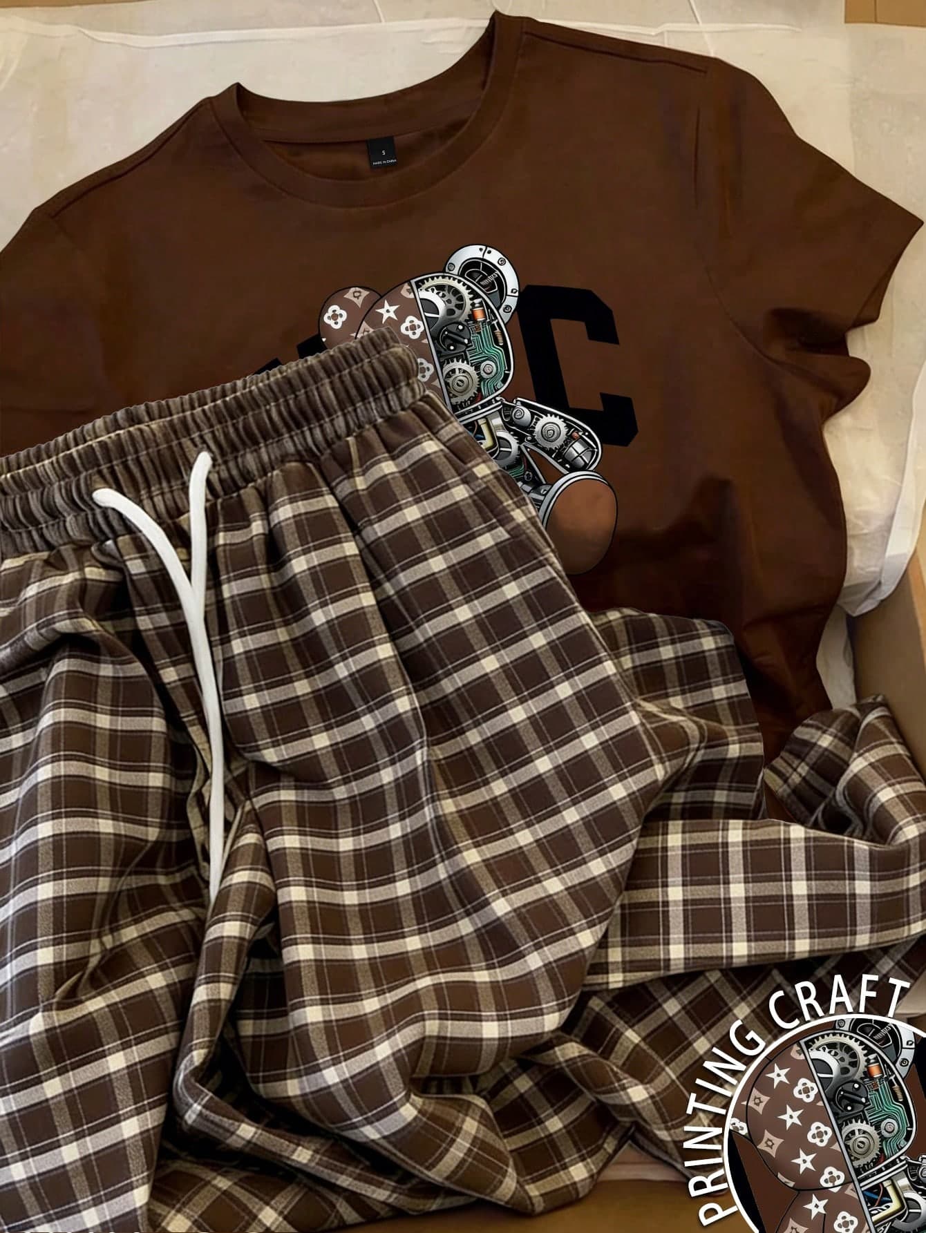 Resyla Women's Cartoon Bear Print Short Sleeve T-Shirt And Plaid Drawstring Waist Pants 2-Piece Casual Set