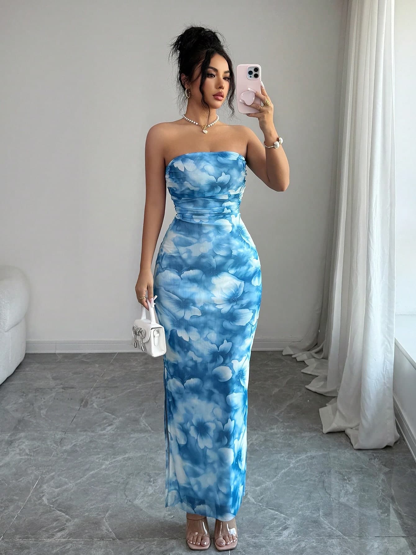 SHEIN Women White And Blue Floral Summer Elegant Wedding Guest Strapless Dress,Gathered Mesh Tie-Dye Print Fitted Waist Slit Hem Stretchy Long Party Dress