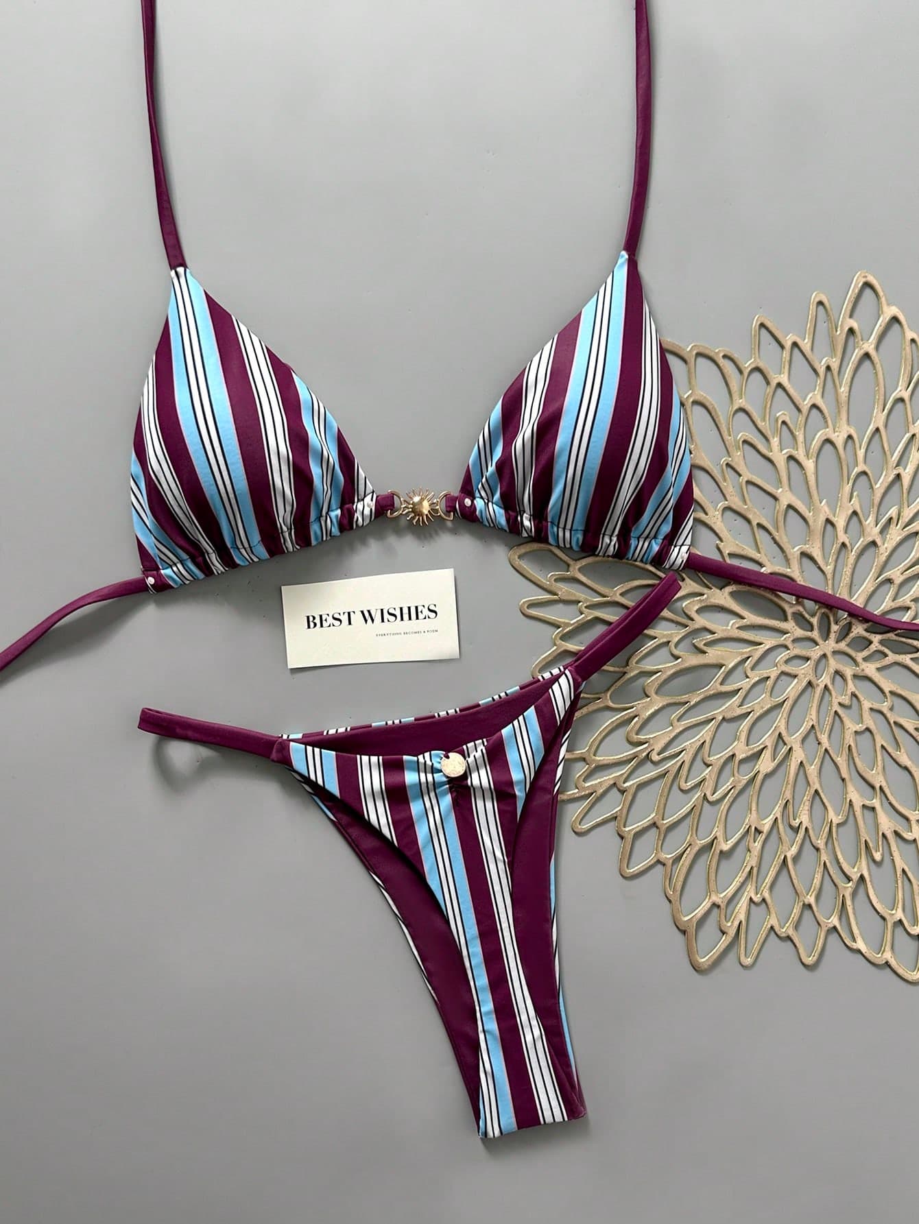 Swim Mod Multicolor Striped Fabric Bikini Set For Women Sleeveless Design With Spaghetti Straps Swimming Purple Holiday