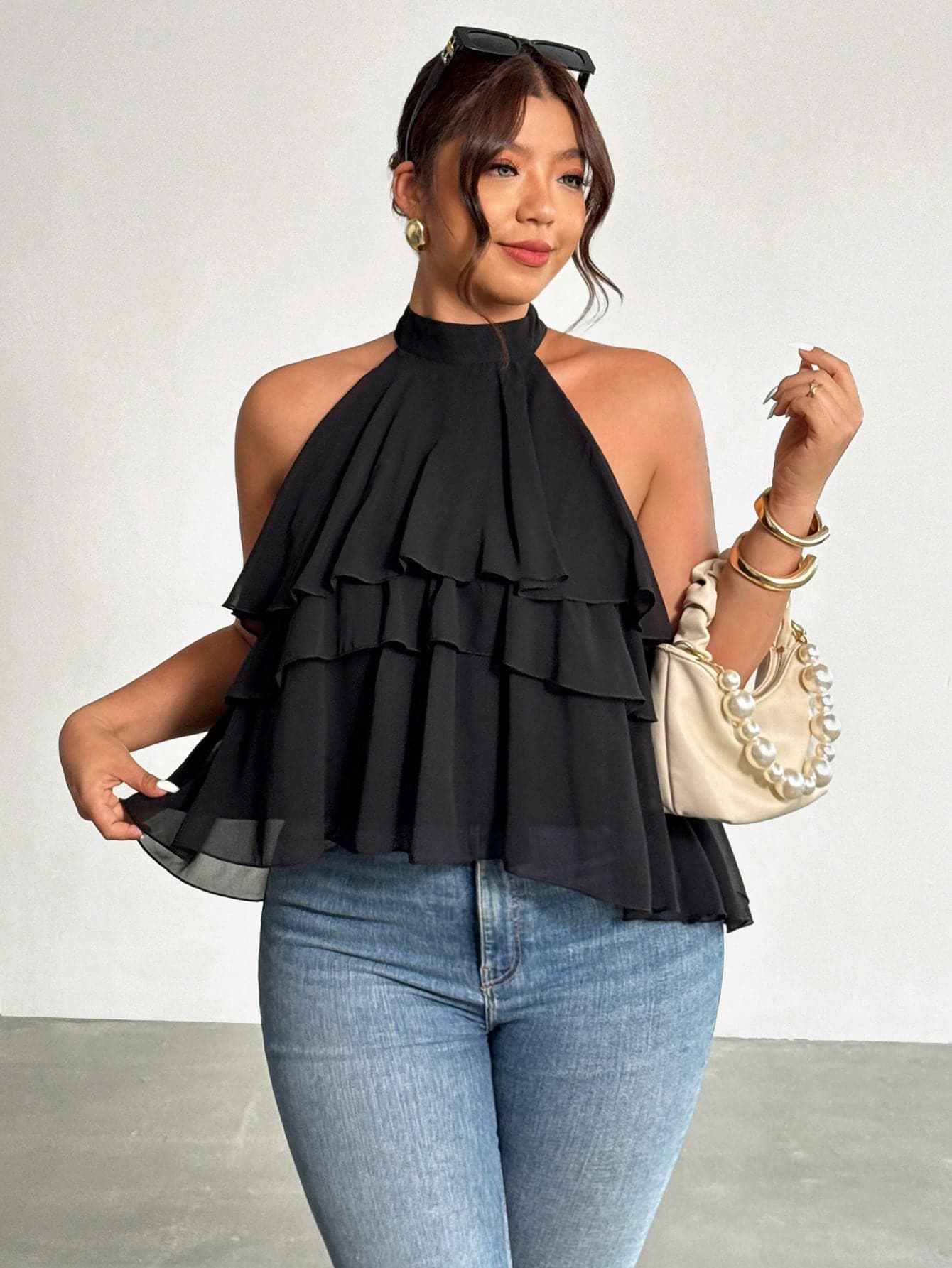 Firerie Plus Size Women Loose Ruffled Asymmetrical Chiffon Blouse