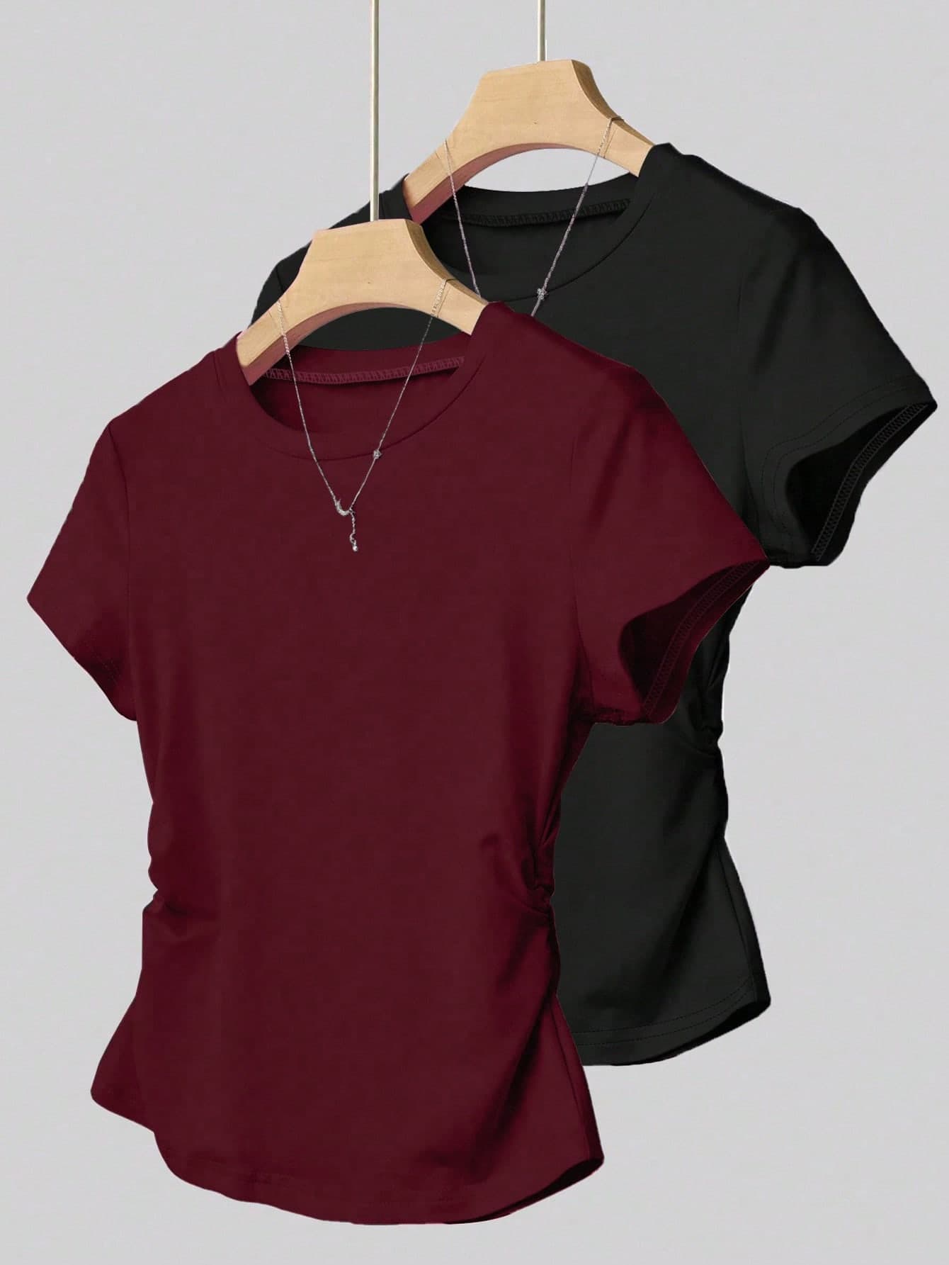 INAWLY 2pcs/Set Women's Summer Tops, Waist Cinched T-Shirts, Solid Color Design, Classic Burgundy & Black, High-End, Student Wear, Casual Daily, Suitable For Outing, Shopping, Office Wear