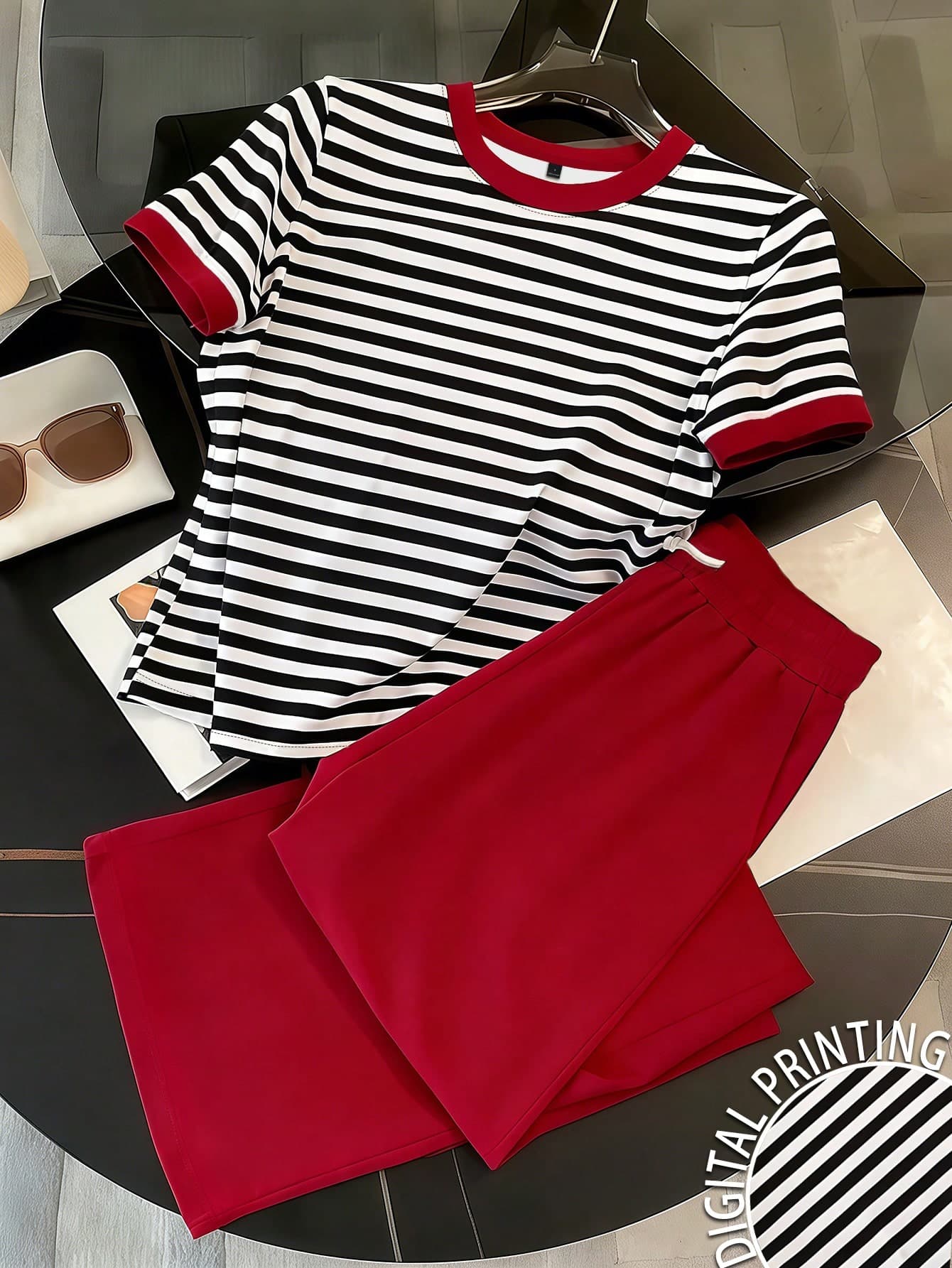 SHEIN Women's Casual Striped T-Shirt And Solid Color Pants 2-Piece Set, Summer