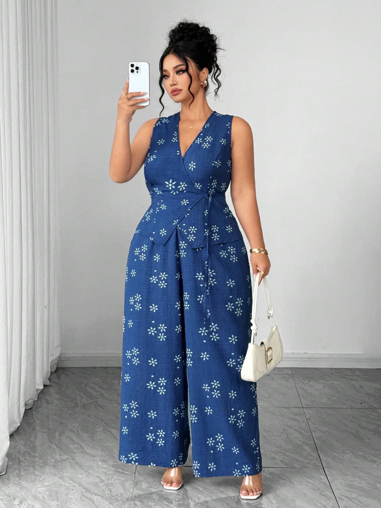 SHEIN Clasi Plus Size V-Neck Embroidered Print Elastic Waist Wide Leg Jumpsuit With Pockets, Elegant French Style For Vacation And Work