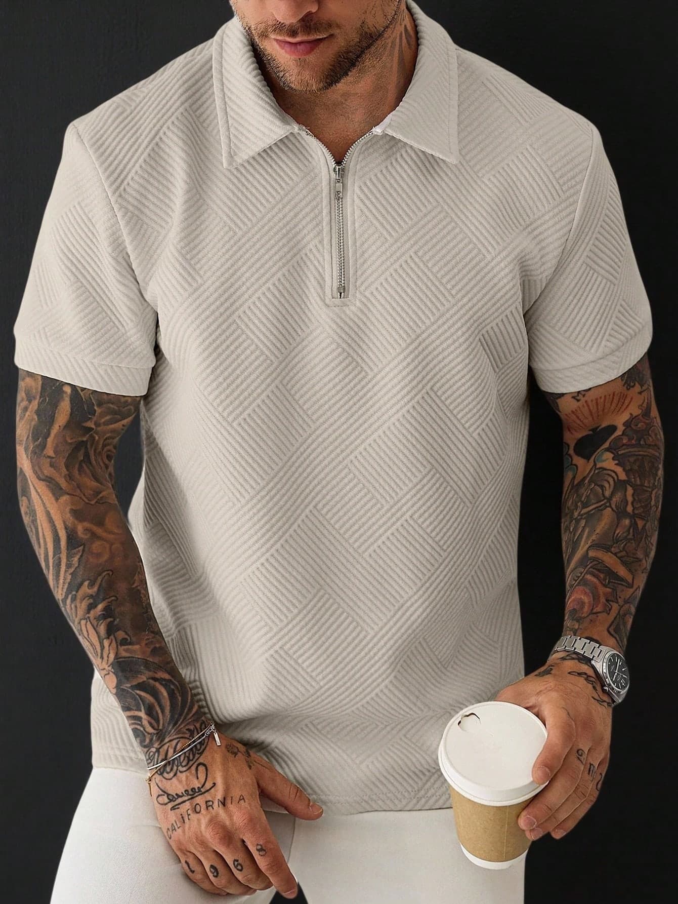 Manfinity Homme Men's Plain Shoulder Short Sleeve Half-Zip Casual Summer Polo Shirt, Formal