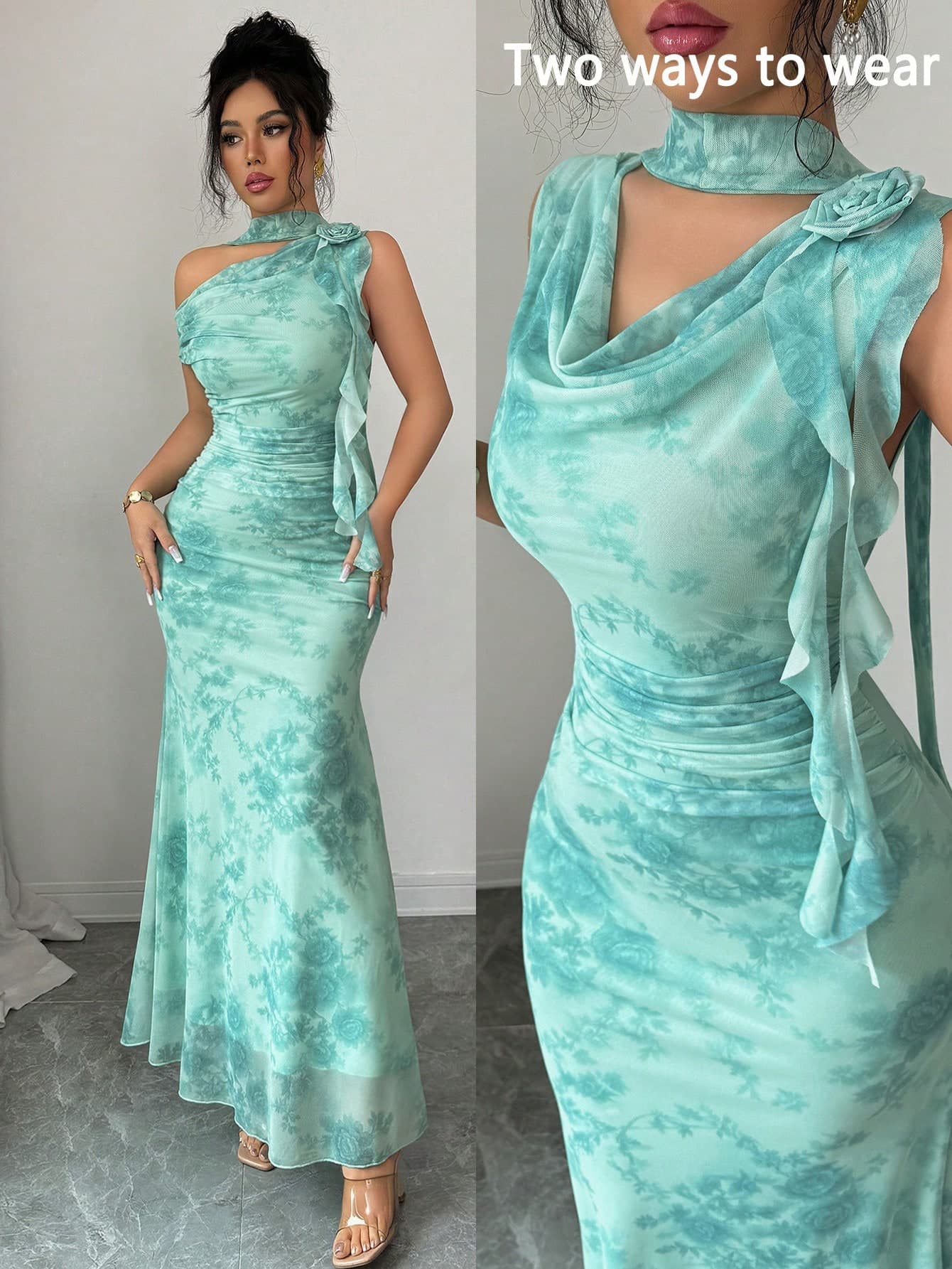 Modelyn Women's Mint Green Summer Elegant Tropical Cocktail Dress,Sleeveless Flowy Collar Floral 3D Mesh Print Fitted Prom Birthday Occasion Ladies Dresses