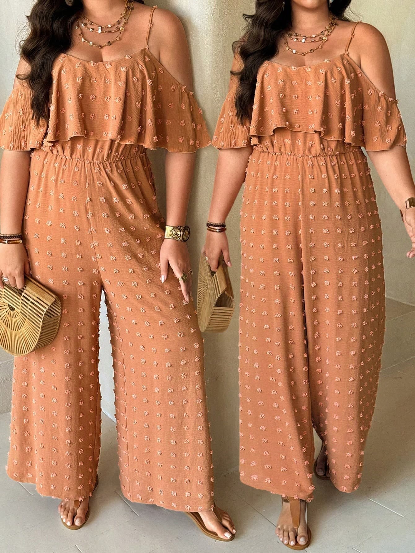Ceyna Plus Size Women Casual Off-Shoulder Jumpsuit,Brown Polka Summer Boho Vacation Holiday Outfit,One Piece Wide Leg Pants Set,Bohemian Yacht Yoga Clothes