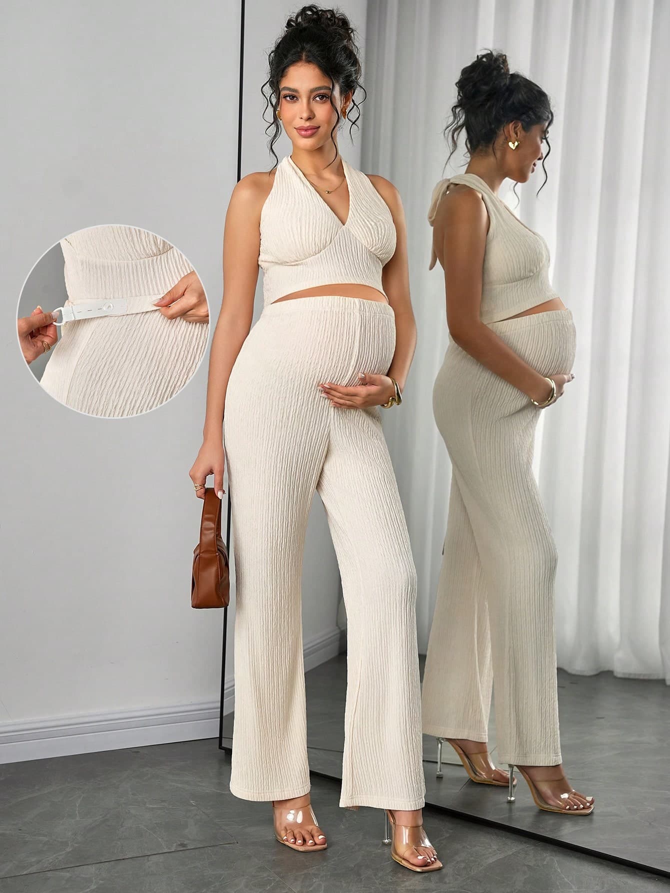 Momance Maternity Casual Solid Color Halter Neck Top And Pants Two Pieces Set, Summer