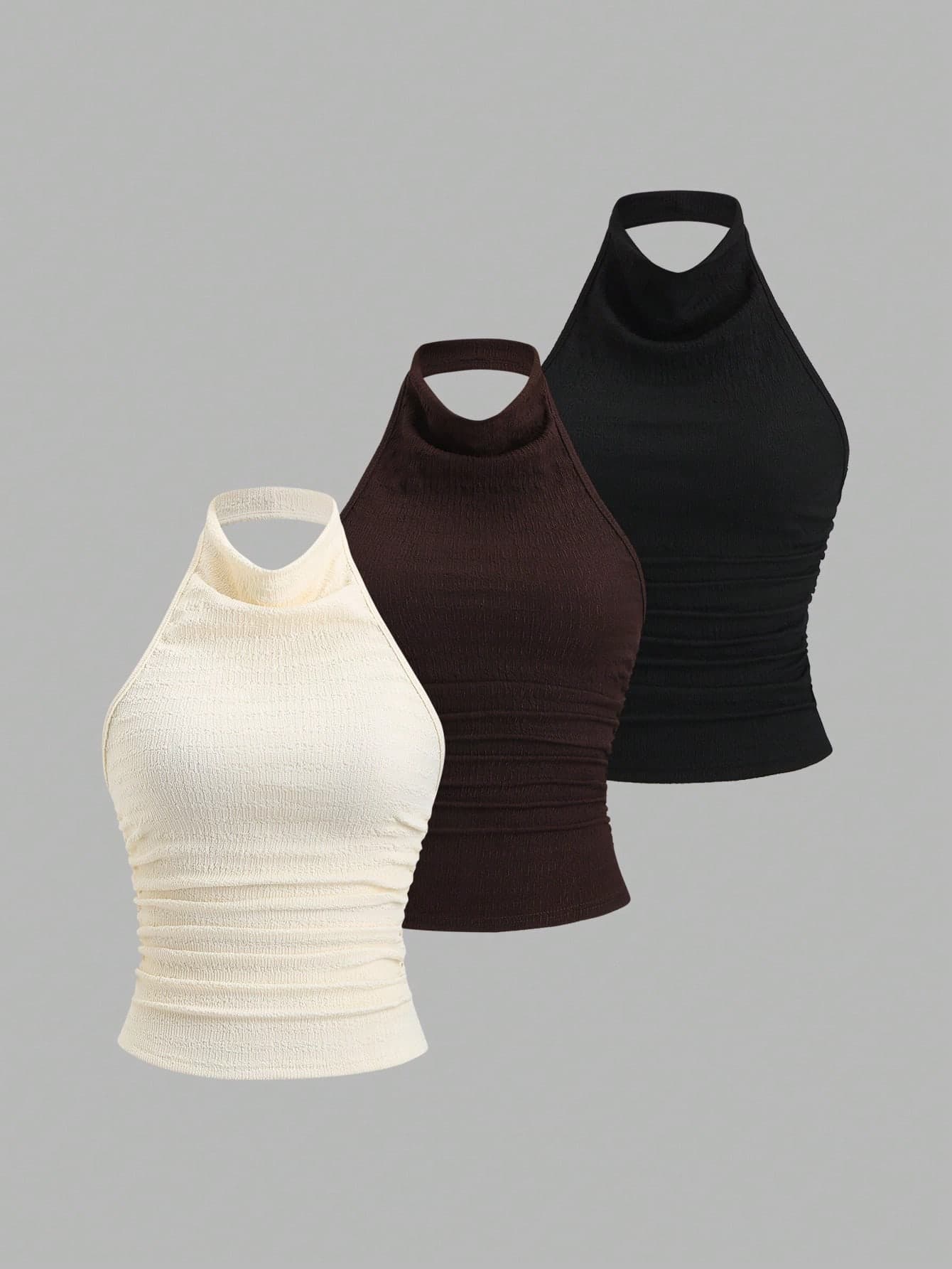 Sweetra Women's Backless Plunging Neckline Textured Slim 3 Pieces Set,All Shades Of Brown,Summer,Casual,Night Out,European American Date Top
