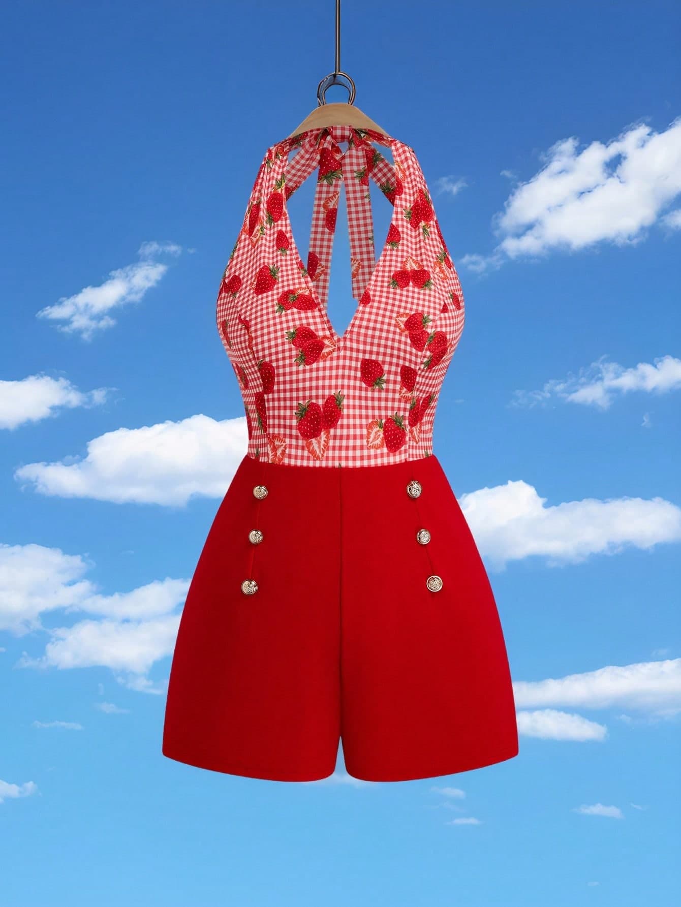 Sweetra Red V-Neck Tie-Up Fitted Watermelon Print 1 Piece Set Outfit Women Red Rompers For Women Red Vacation Outfit Red Summer Outfit