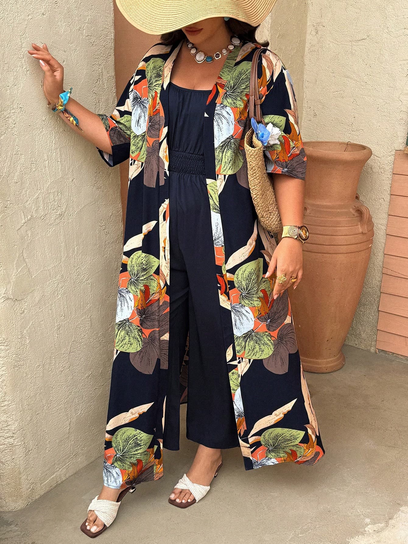 Ceyna Plus Size Women's Elegant Tropical Leaf Print Shawl&Solid Jumpsuit 2 Pieces Set,Navy Blue Summer Boho Vacation Holiday Beach Outfits Matching Sets
