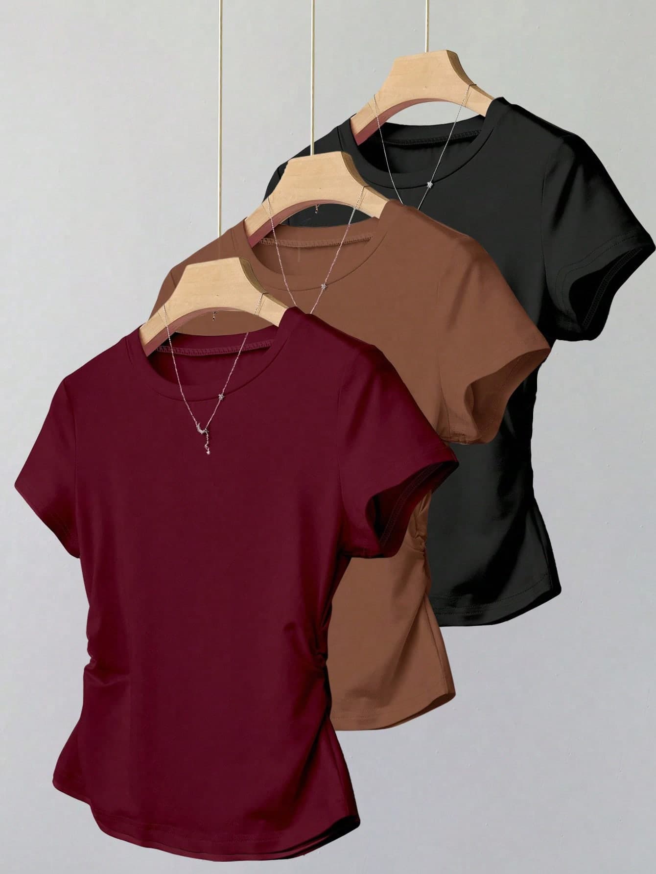 INAWLY 3pcs Women's Summer Everyday Casual Sports Tops,Slim Fit T-Shirt,Burgundy,Coffee,Black Versatile Fashion Blouse For Office,Home,Outdoor Sports