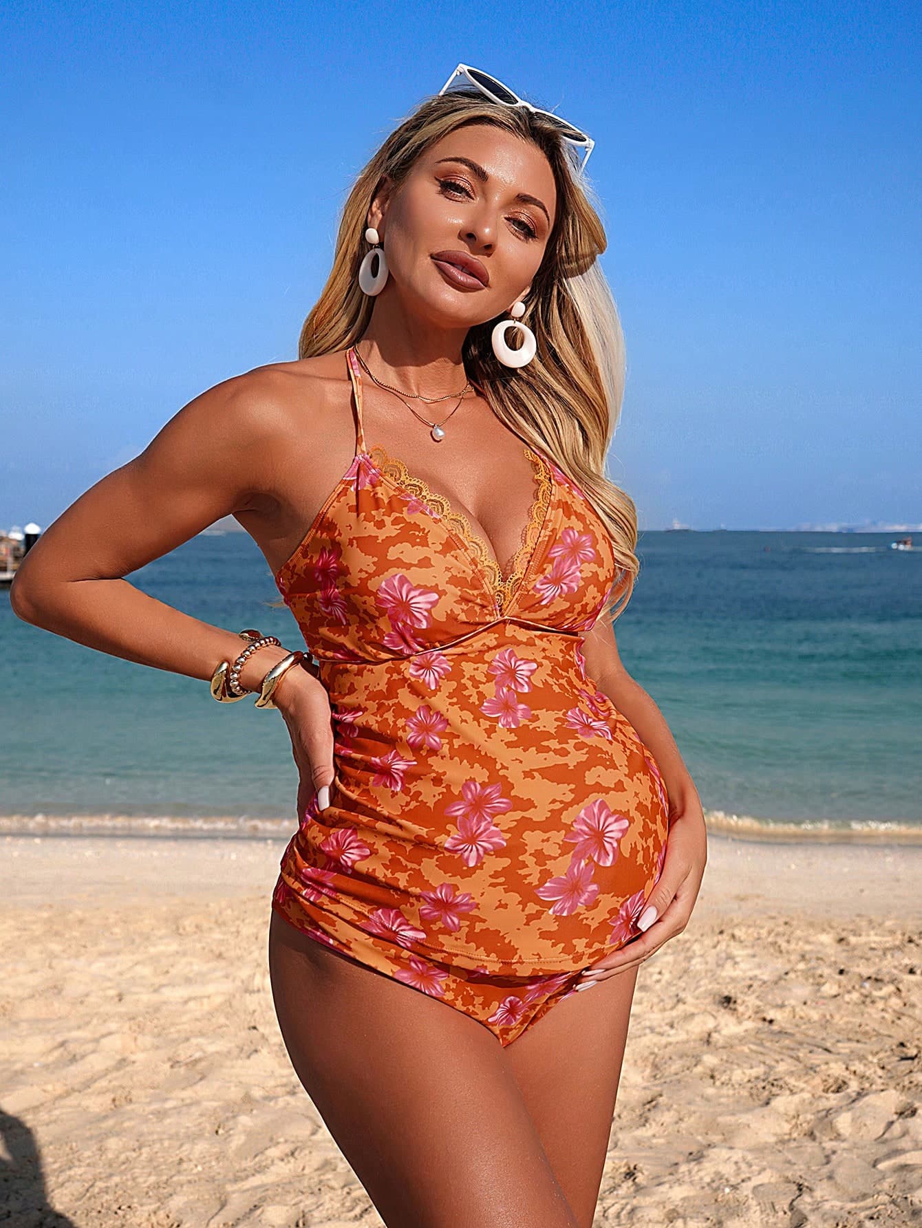 Swim Vcay Rust Orange Summer Boho Beach Wedding Ninang Holiday,Floral Lace Maternity Camisole & Bikini Set,Women's Floral Print Tankini Swimwear,Bohemian 2026