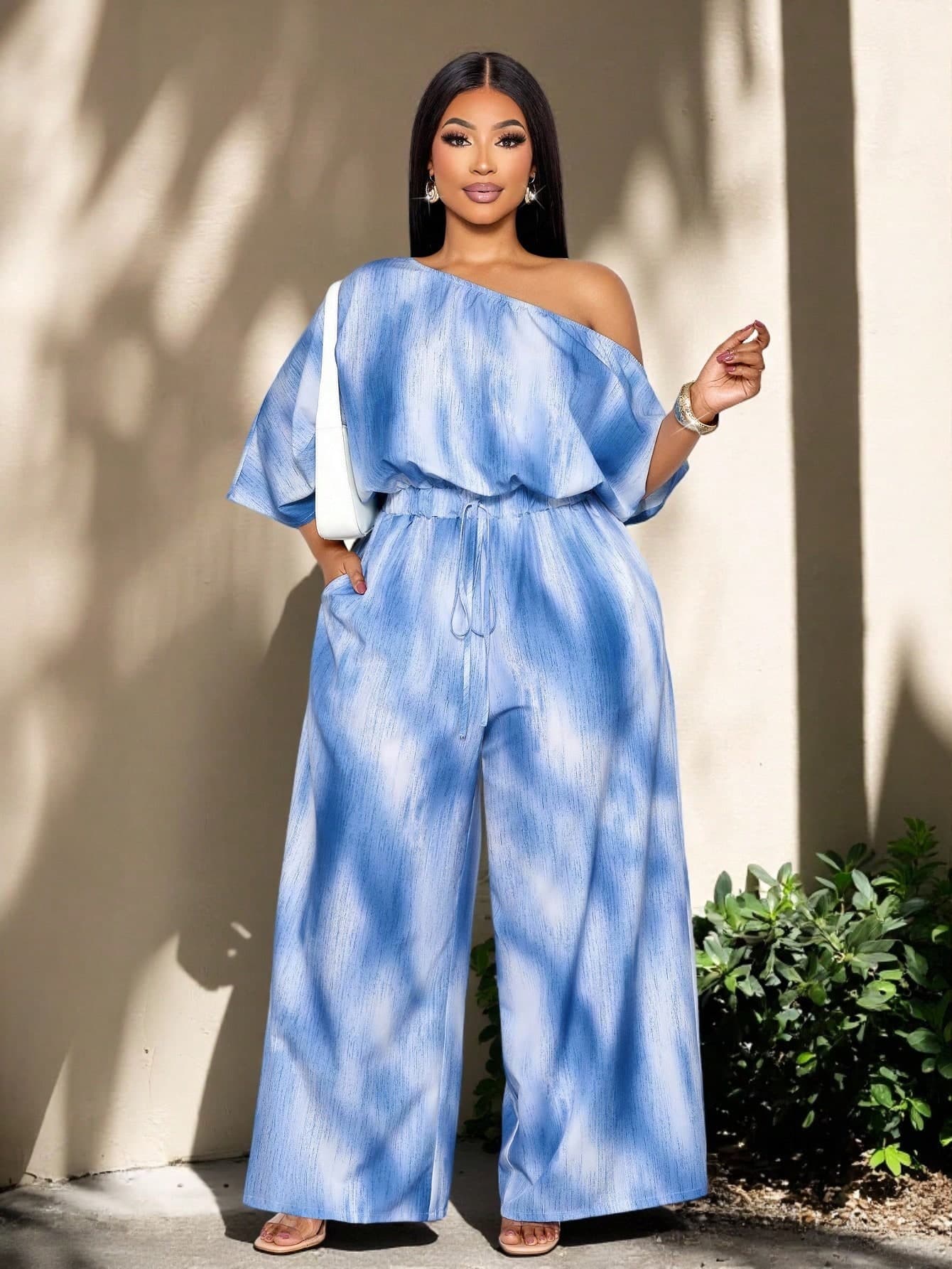 SOLERSUN Plus Size Women's Tie-Dye Asymmetric Neck Batwing Sleeve Drawstring Waist Wide Leg Jumpsuit, Blue And White Summer Boho Vacation Holiday 1 Piece Sets