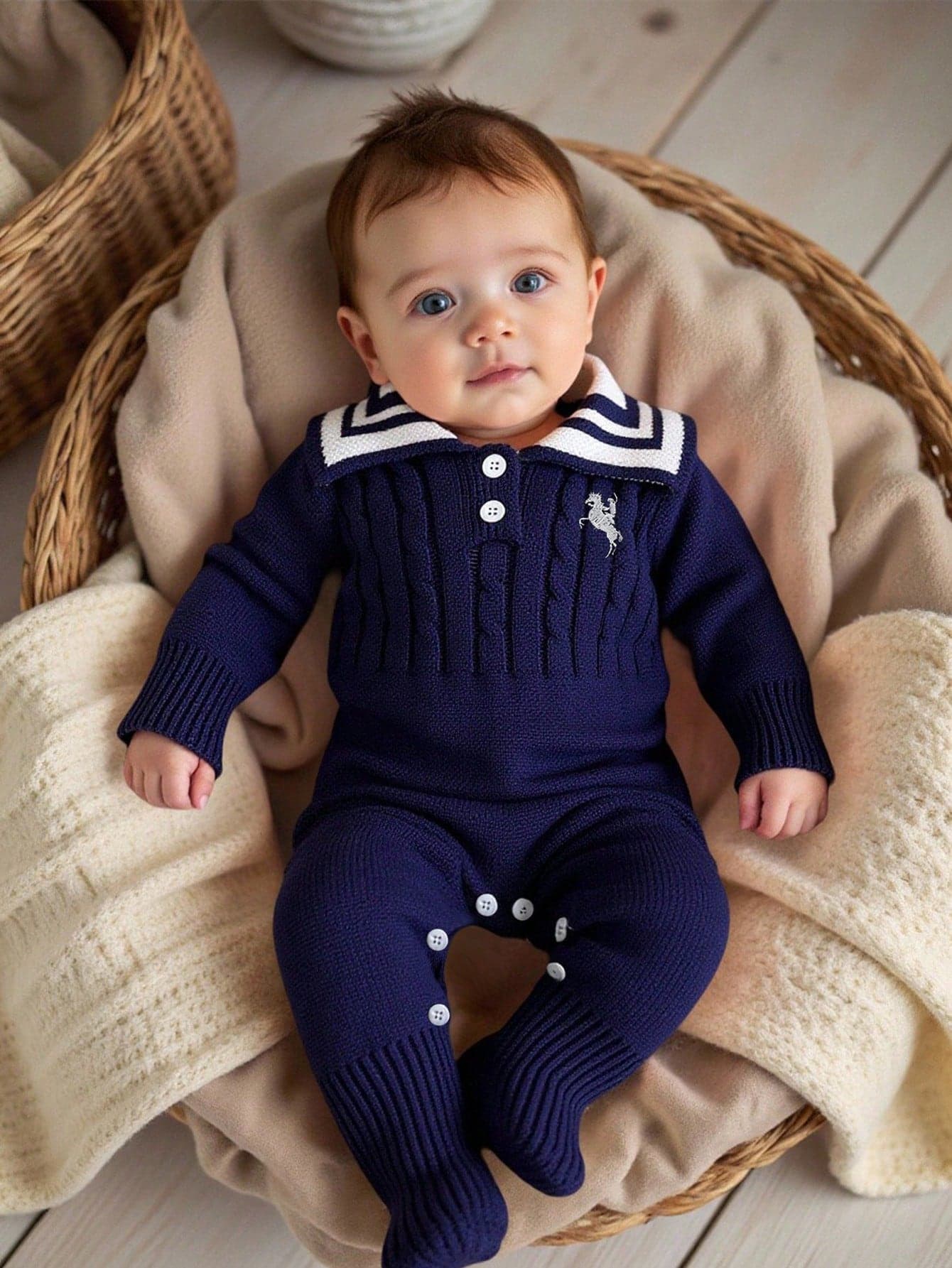 Baby Boy Romper Navy And White Autumn Matching Family Sailor Navy Outfit Embroidered Patterns Knitted Sweater Jumpsuit Soft Royal Blue Lapel Outfit