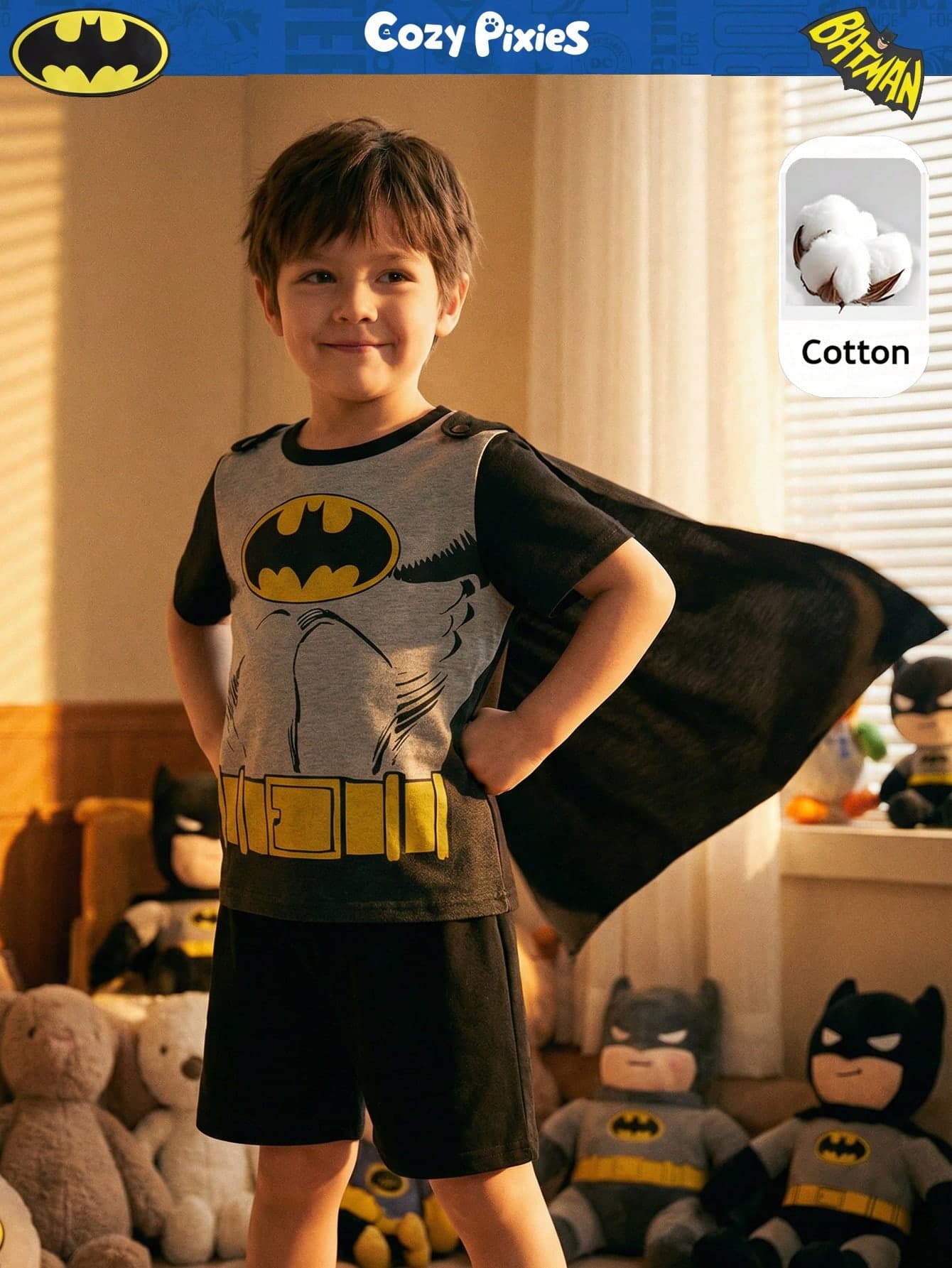 BATMAN X Cozy Pixies 3pcs/Set Young Boy Hero Pattern Contrast Color Soft Knit Round Neck Top,Elastic Waist Shorts,Shawl Character Clothes Summer Family Matching Kids Sets