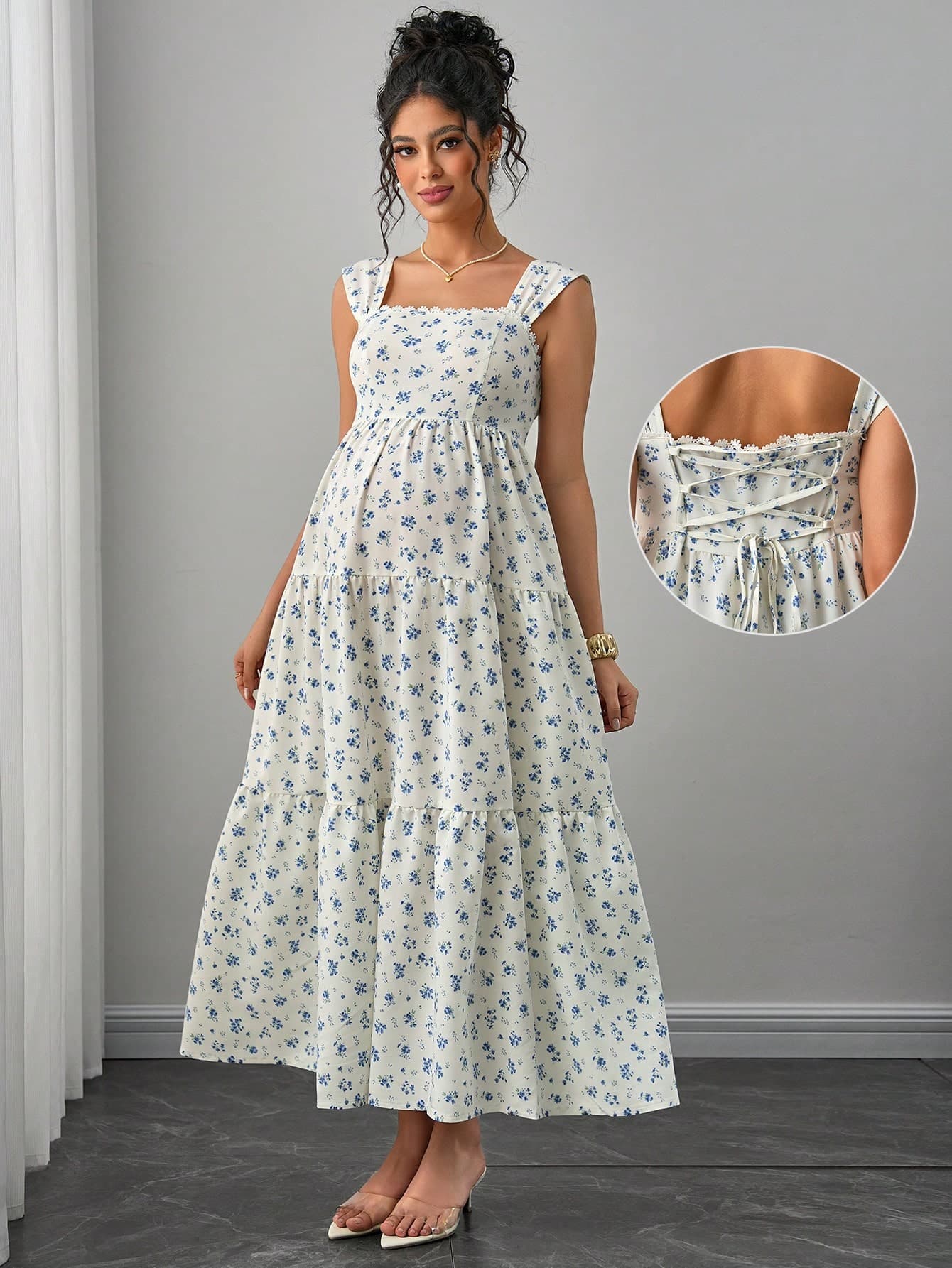 Momance Maternity Dress White,Summer,Flowy,Wedding Guest,Holiday Floral Print Maxi Dress,Wide Shoulder Straps,Ruffle Trim,Criss-Cross Tie Back,Cake Dress