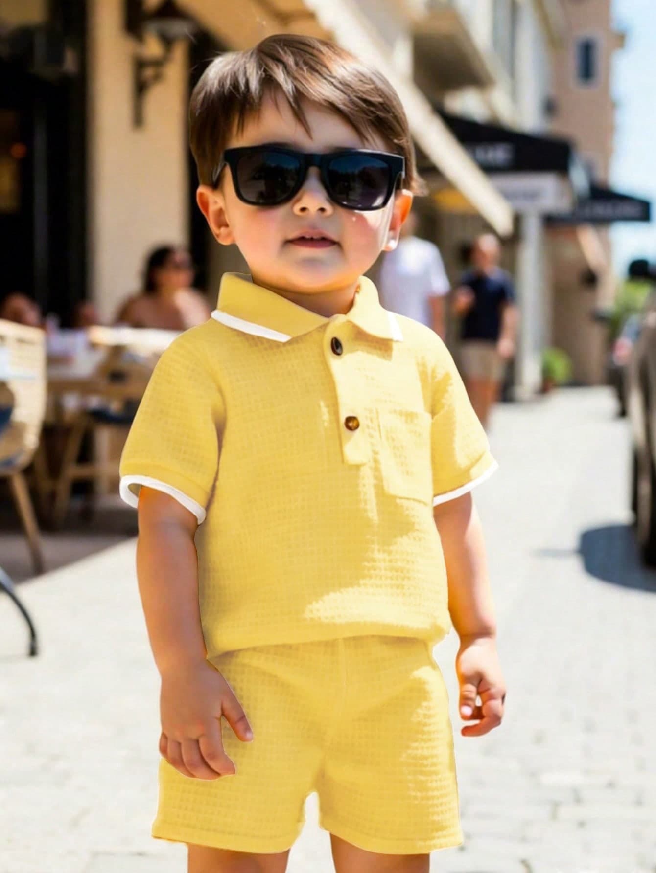 Souflis Souflis 2pcs Infant Baby Boy Summer Outfit Pastel Yellow Waffle Knit Polo Shirt And Elastic Waist Shorts Set Casual Holiday Vacation Clothes 3M-3T Toddler